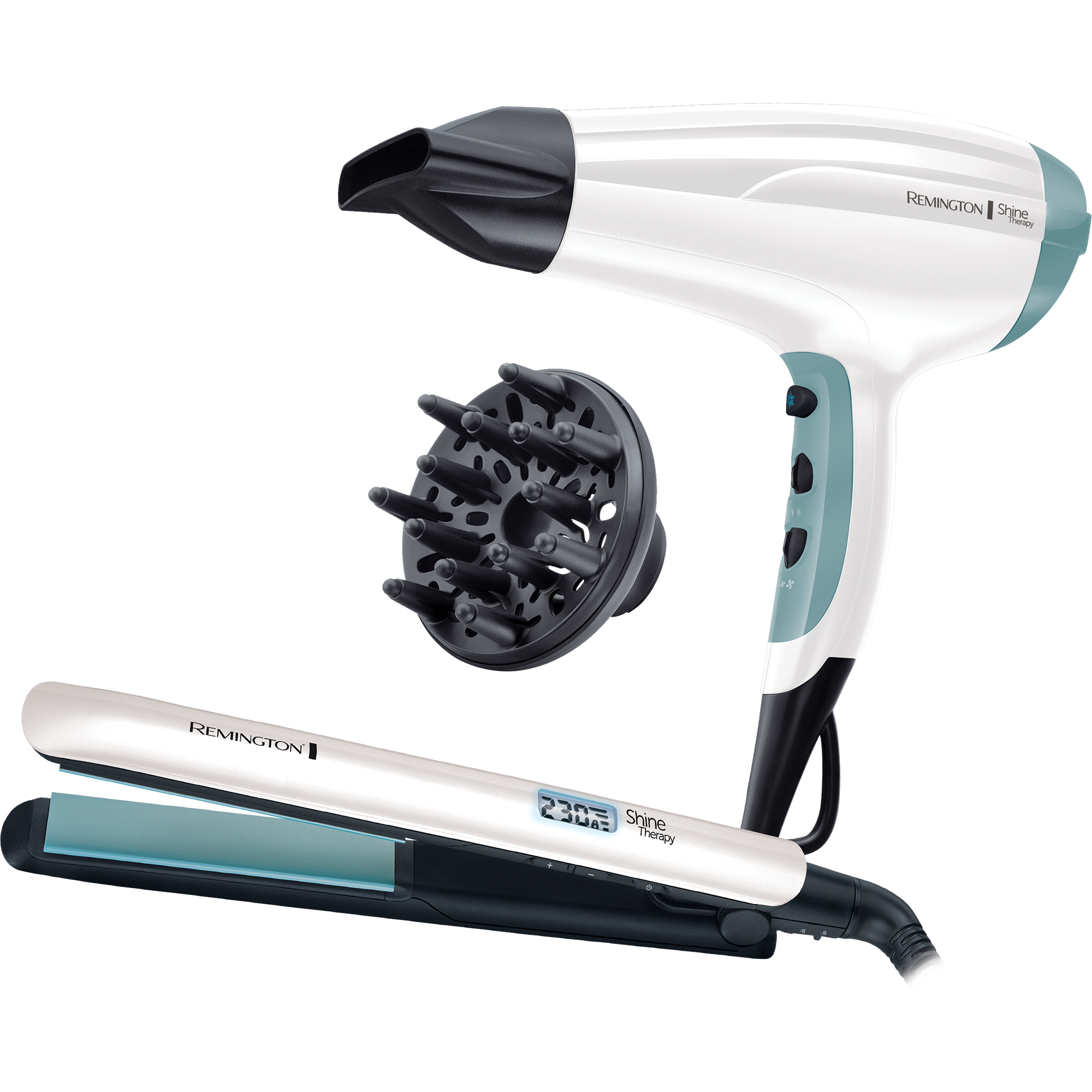 Set cadou Placa de indreptat parul + Uscator de par Remington Shine Therapy S8500GP