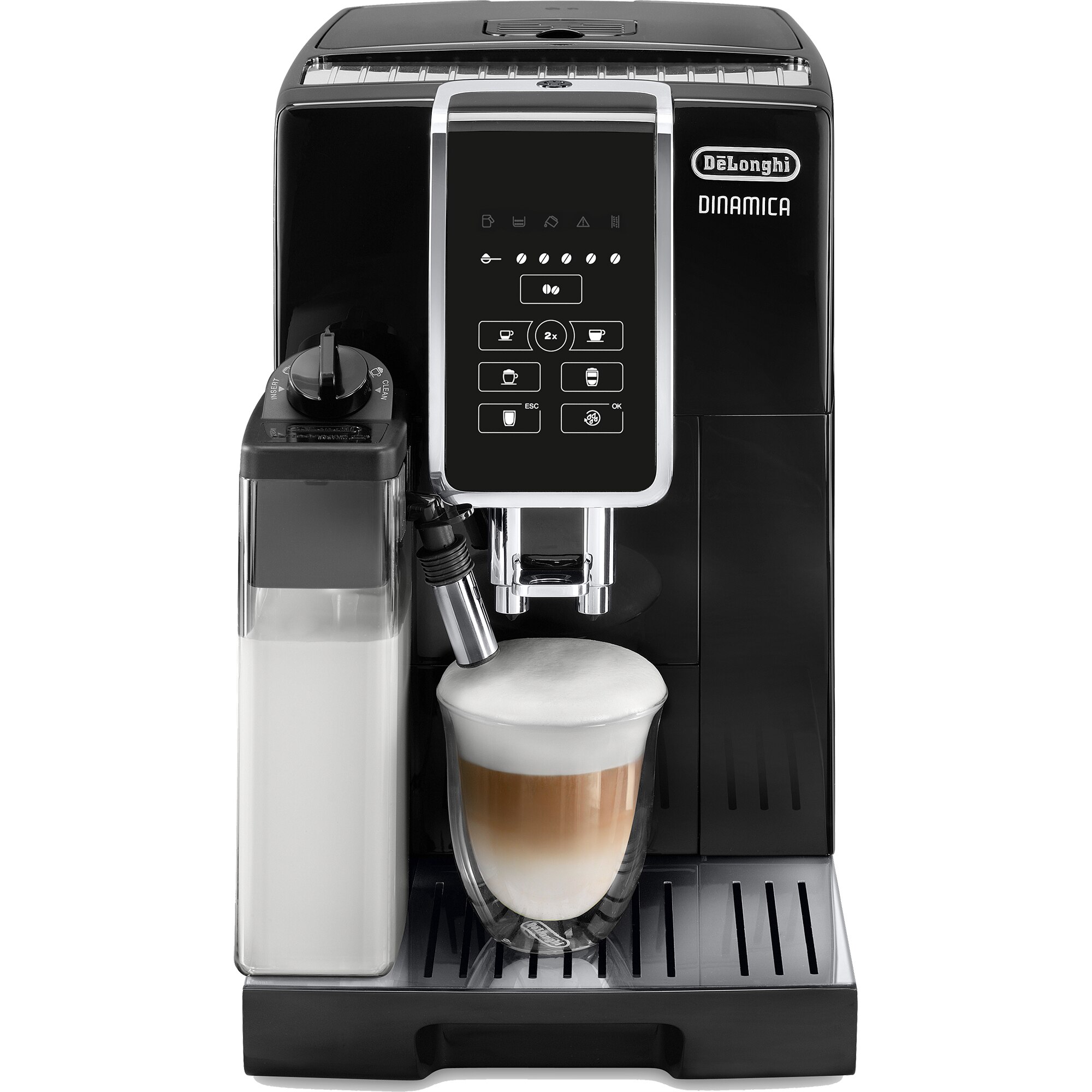DELONGHI Dinamica ECAM 35050B automatic espresso machine, 1450W, 18 l, 15 bar, milk carafe with LatteCrema system, black