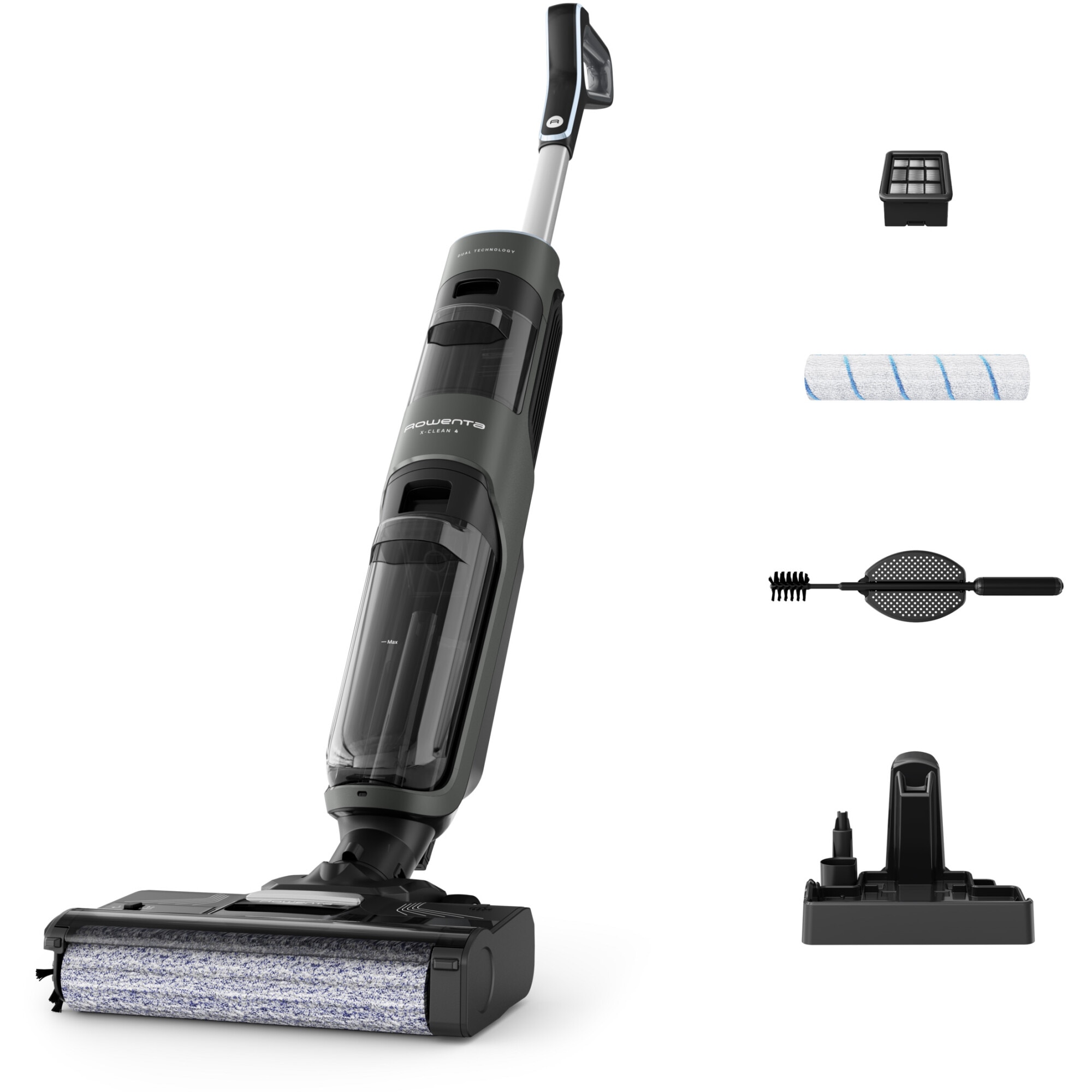 Rowenta X-Clean 4 GZ5037WO cordless vacuum, 200W, 425 RPM, 50 min, LED screen, self-cleaning, gray &amp; black