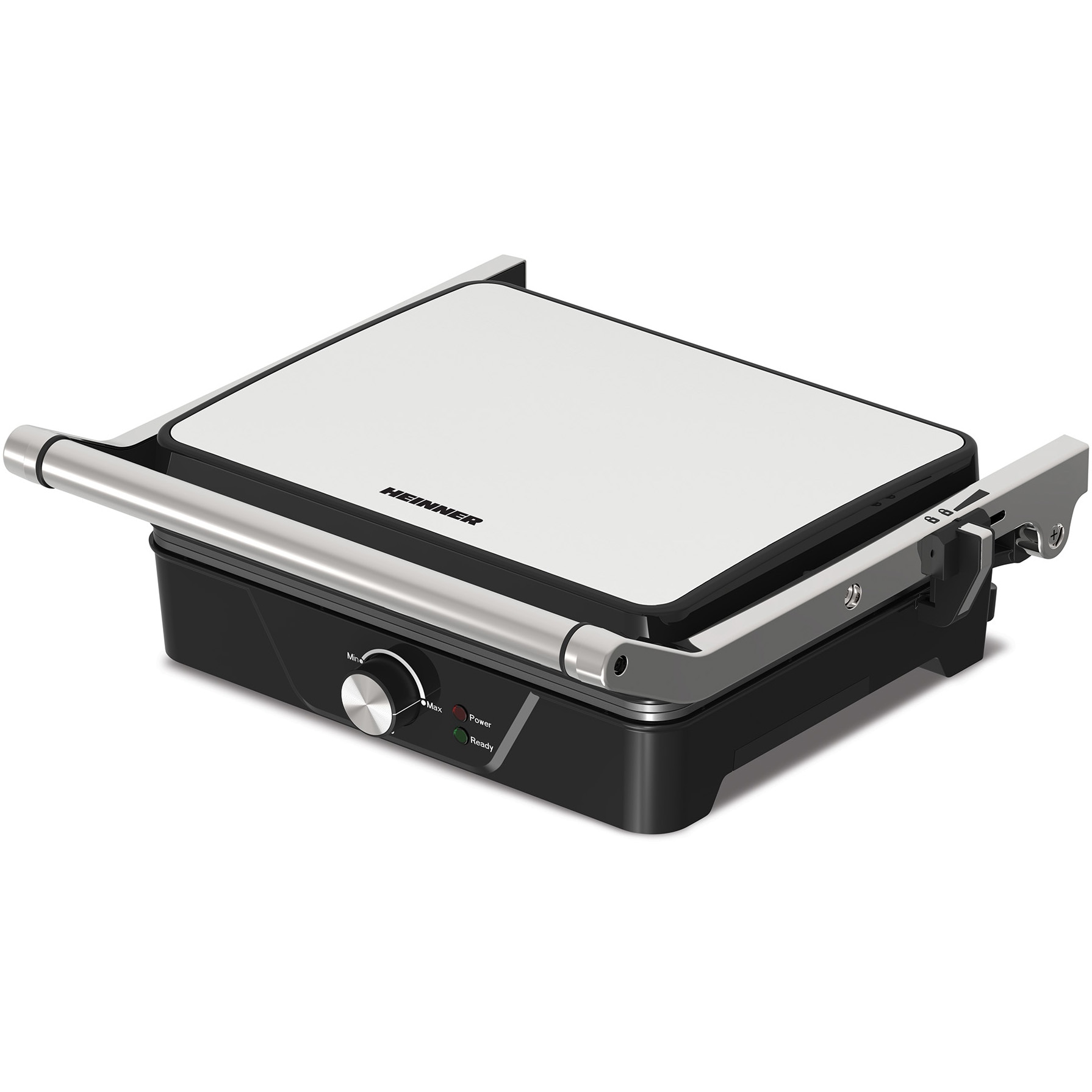 Heinner GrillChef HEG-K2000CP electric grill, 2000W, fixed plates with non-stick coating, plate dimensions 30 X 24.9 cm, adjustable temperature, cool handle, 180˚ opening, "ON" and "ready to use" light indicators, oil collection tray,