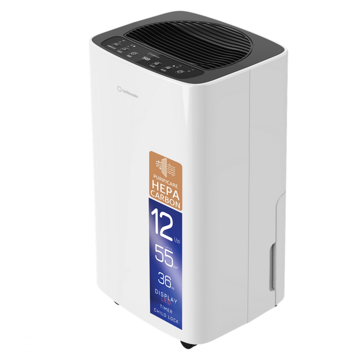 Turbionaire SENSO 12 SG Clean Dehumidifier and Purifier, 12 l/24h, Turbionaire T-Clean HEPA + Carbon Filter, Silent 36 dB, 2l Tank, 120 m³/h, Led Display, Timer