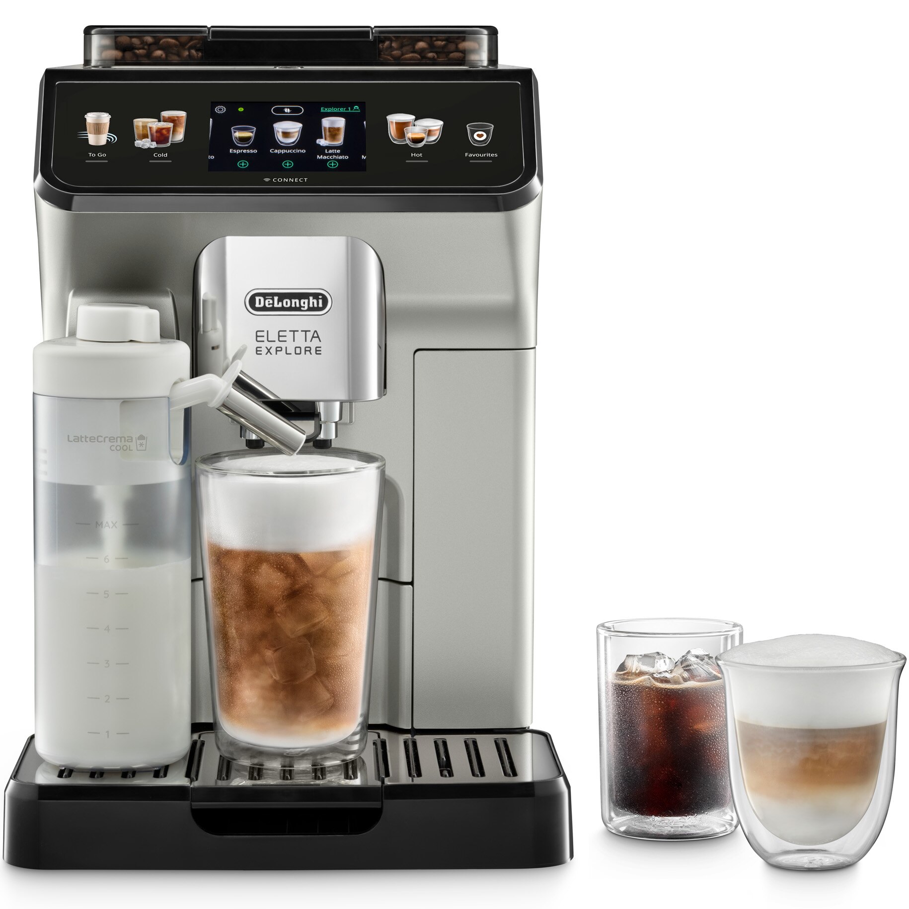 Espressor automat De’Longhi Eletta Explore ECAM 450.65.S, 1450W, 50+ tipuri de bauturi, 19 bari, 2 carafe cu tehnologie LatteCrema (Hot & Cool), tehnologie de extractie la rece, Rasnita cu tehnologie Bean Adapt, Coffee Link App, Argintiu