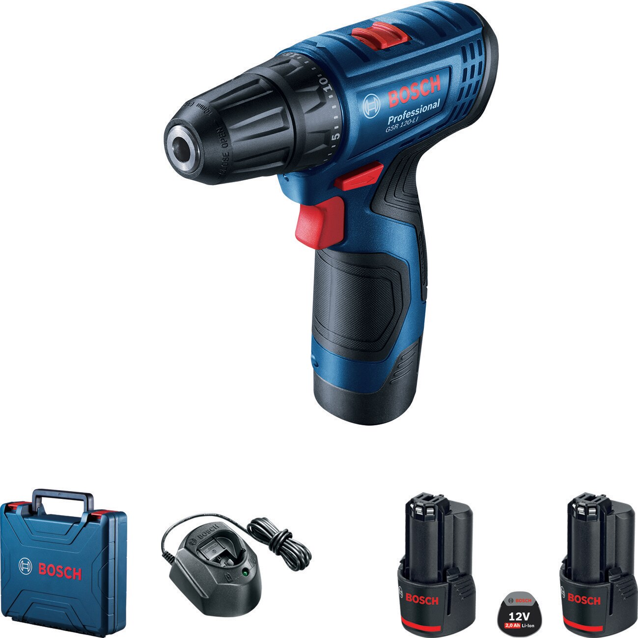 Bosch Professional GSR 120-Li cordless drill/driver, 12 V, 1500 RPM, 14-30 Nm, 2 x 2 Ah batteries, charger, professional case