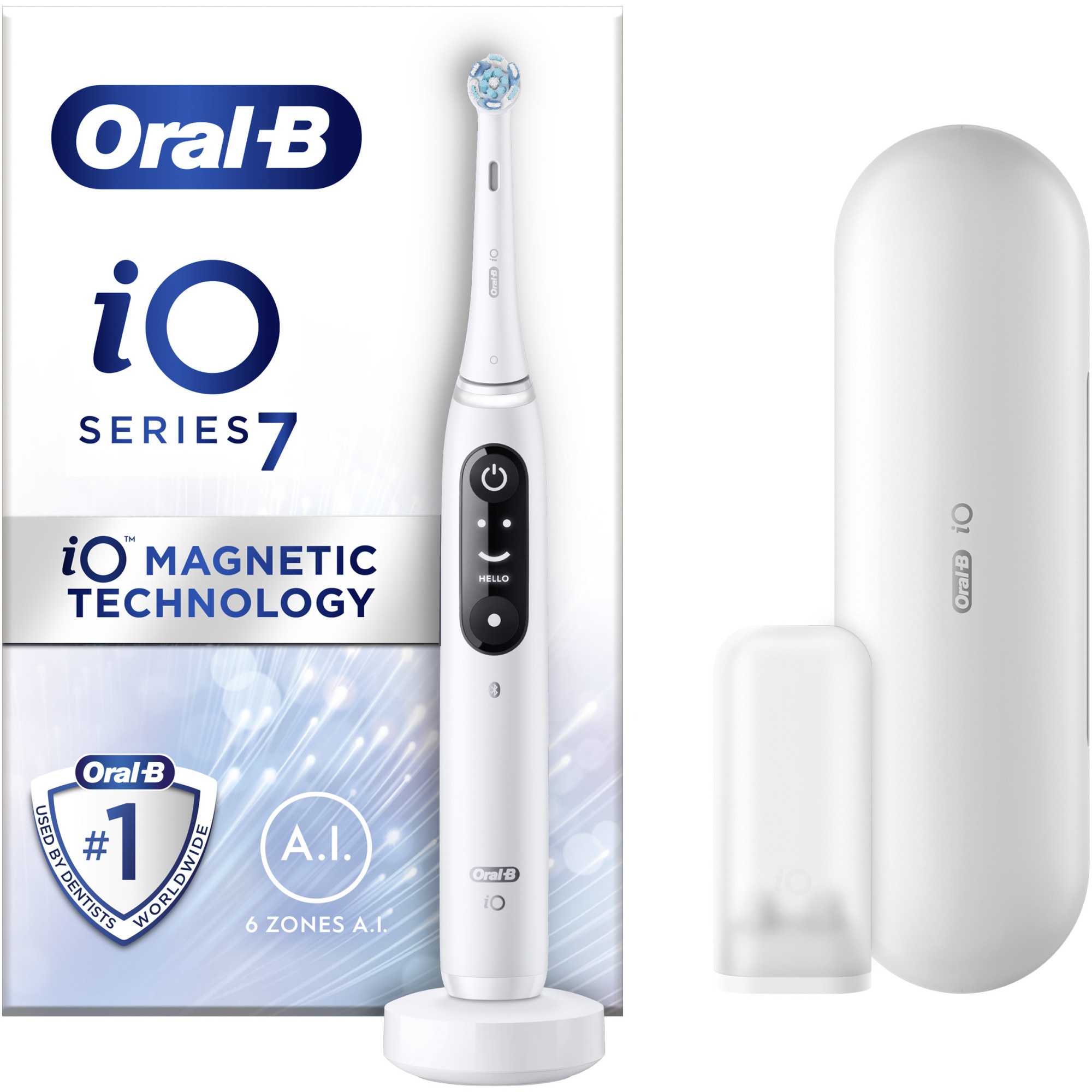 Oral-B iO7 Electric Toothbrush with Magnetic Tech, AI, LED Display, Pressure Sensor, 5 Modes, Charger, White