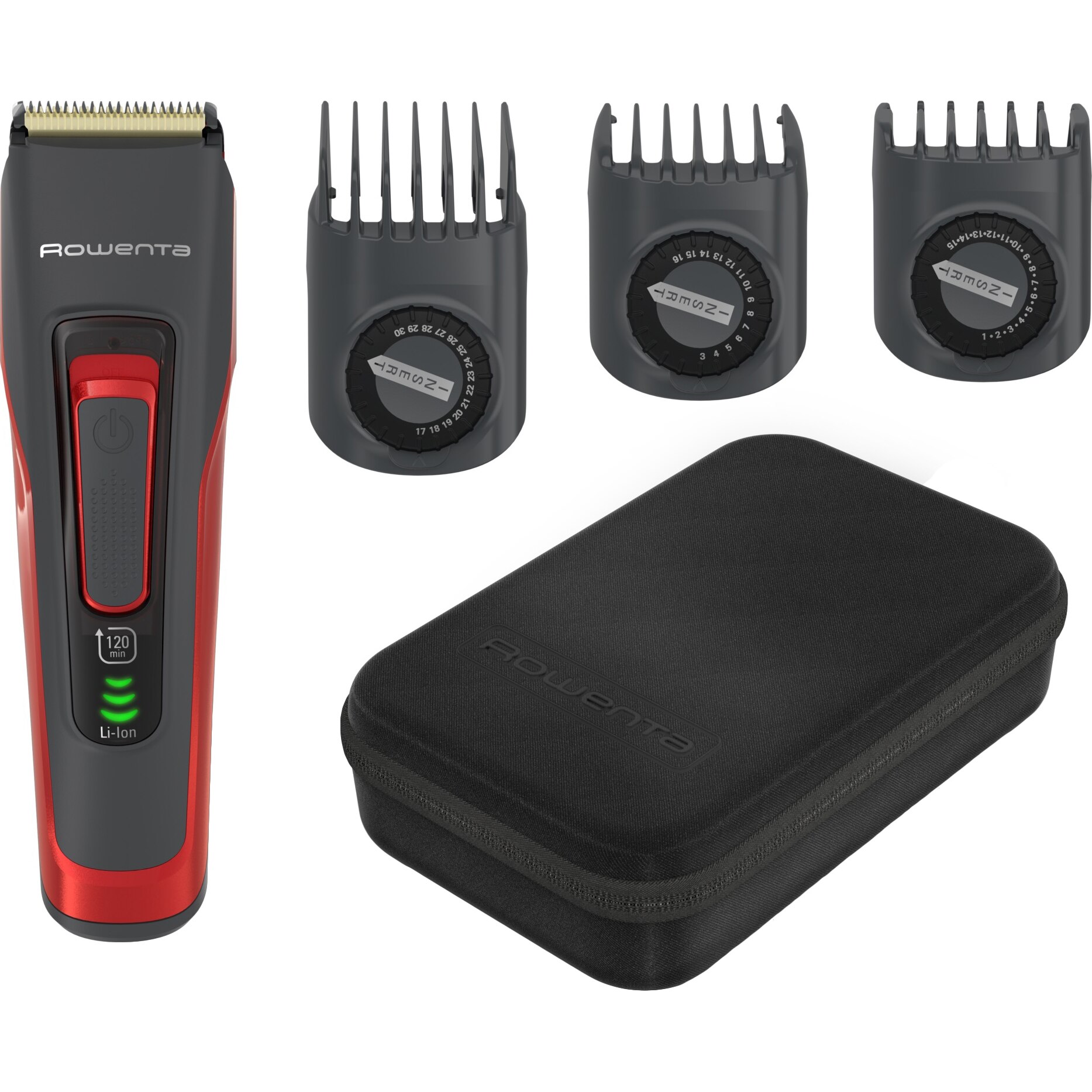 Aparat de tuns parul Rowenta Advancer TN5221F4, autonomie 120min, functie incarcare rapida, 3 piepteni, 45 de lungimi de taiere, lame cu tehnologie de auto-ascutire, negru/rosu