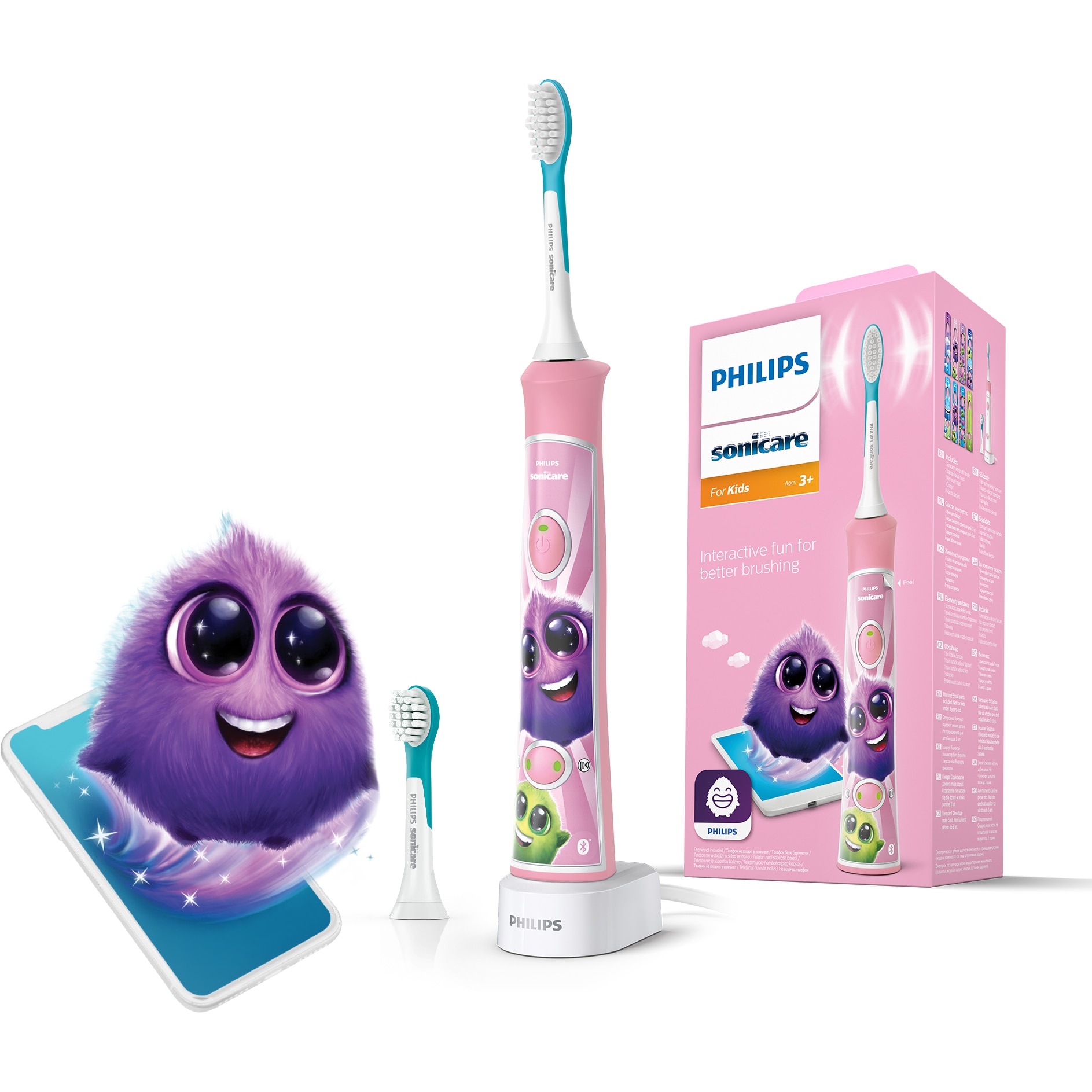 Electric sonic toothbrush Philips Sonicare Kids HX635242, 62000 movement minutes, 2 cleaning modes, app connectivity, 2 brush heads, advisory app, Pink
