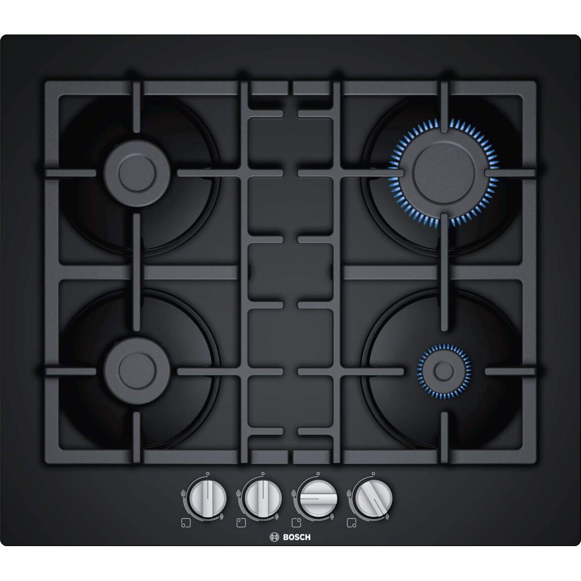 Bosch PNP6B6B90 Built-in Hob, Gas, 4 Burners, Electric Ignition, Cast Iron Grill, 60 cm, Black Glass