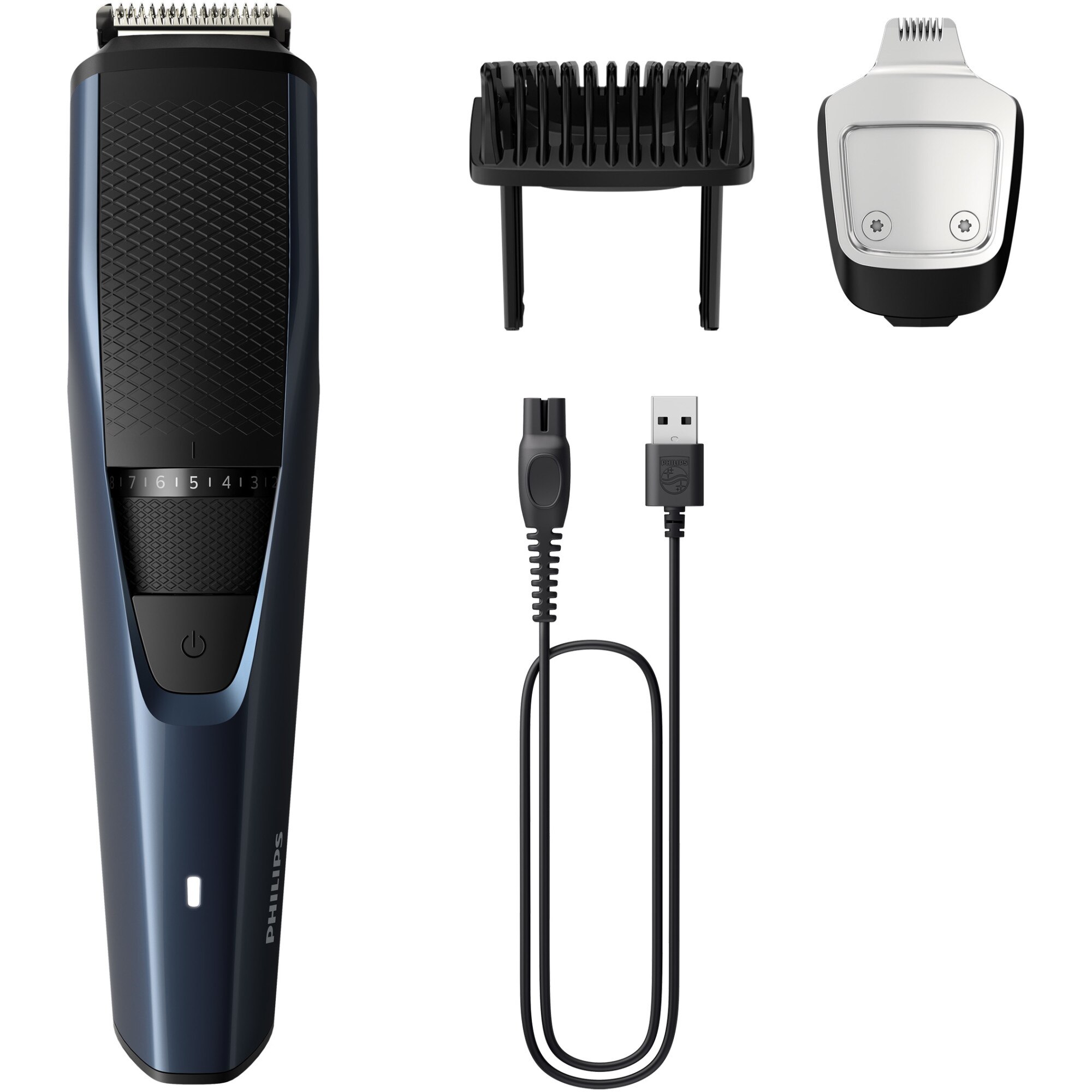 Beard trimmer Philips BT323815, Stainless steel blades with automatic sharpening, 0510mm, cordless use, 90 min, trimmer for details, Black