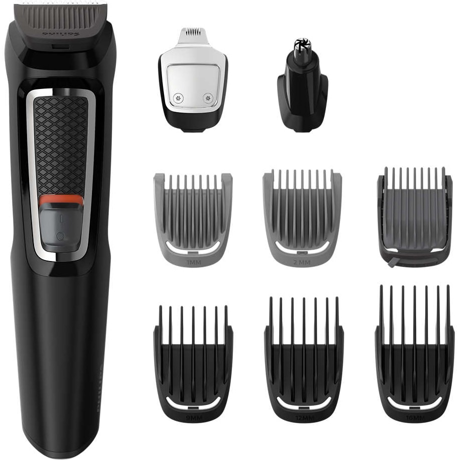 Beard and hair trimmer 9 in 1 Philips Multigroom MG374015, Sharp blades, Battery, 6 combs for face and head hair, Black