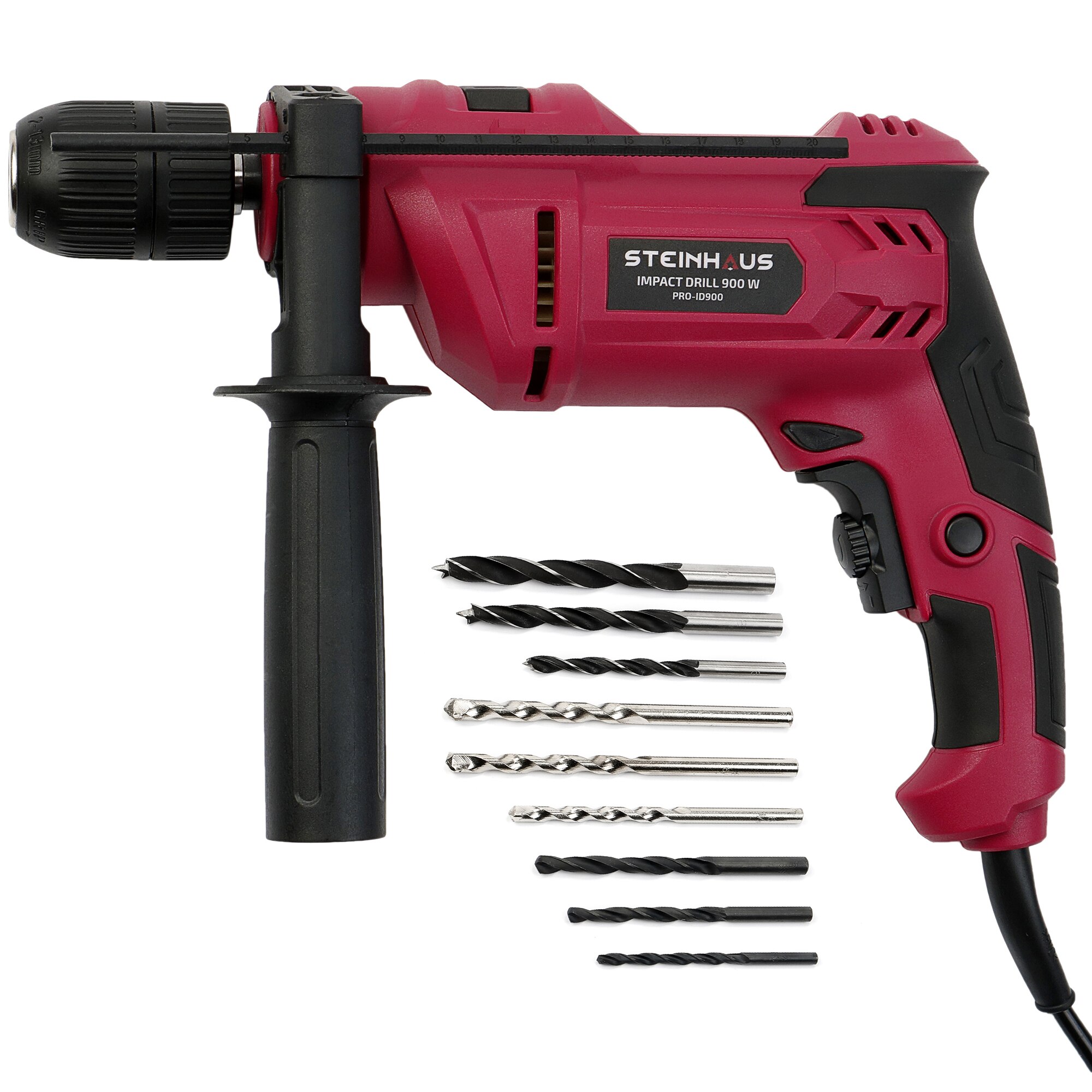 Hammer drill Steinhaus PRO-ID900, 900W, 3000 RPM, 13 mm keyless chuck, 9 drill bits included
