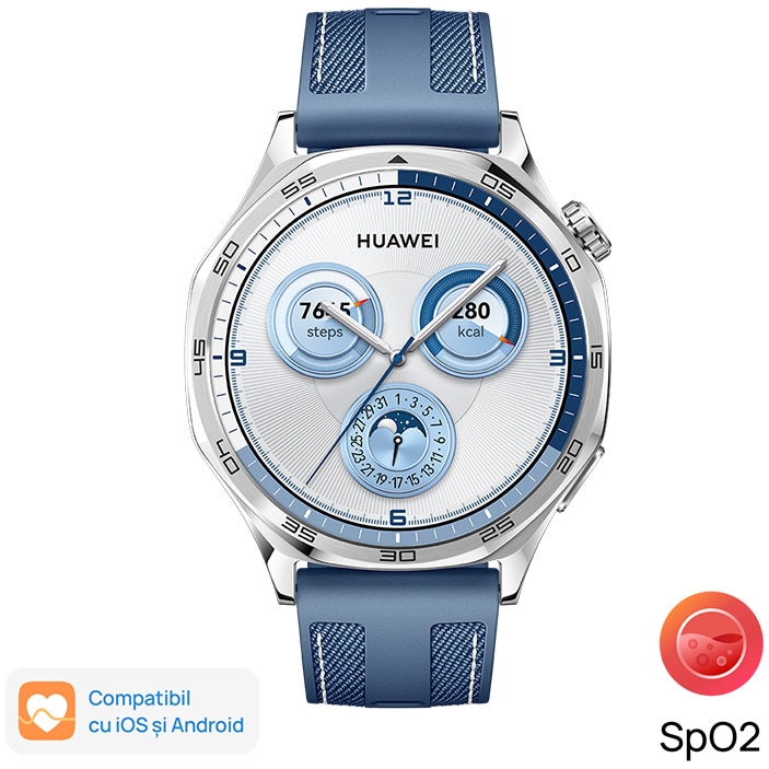 Smartwatch Huawei Watch GT 5, 46MM, Tarnish Stainless Steel Case, Blue Woven Strap