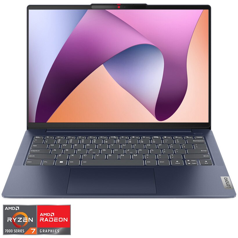 Laptop Lenovo IdeaPad Slim 5 14ABR8 cu procesor AMD Ryzen™ 7 7730U pana la 4.5 GHz, 14", WUXGA, OLED, 16GB RAM, 1TB SSD, AMD Radeon™ Graphics, No OS, Abyss Blue