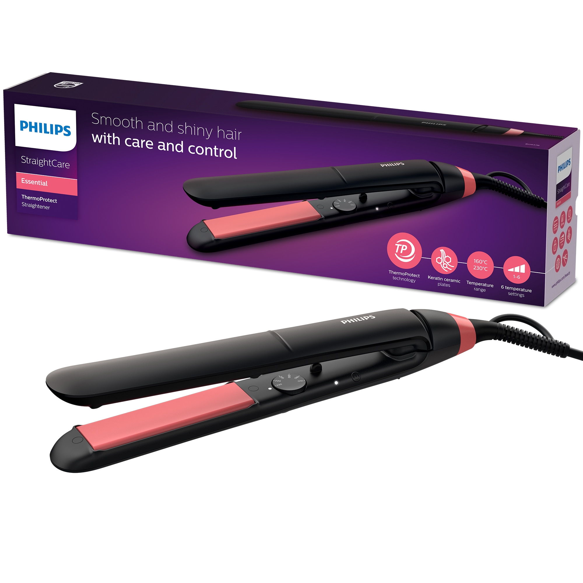 Philips StraighCare Essential Hair Plate BHS37600, ThermoProtect Technology, Keratin Infused Plates, Black