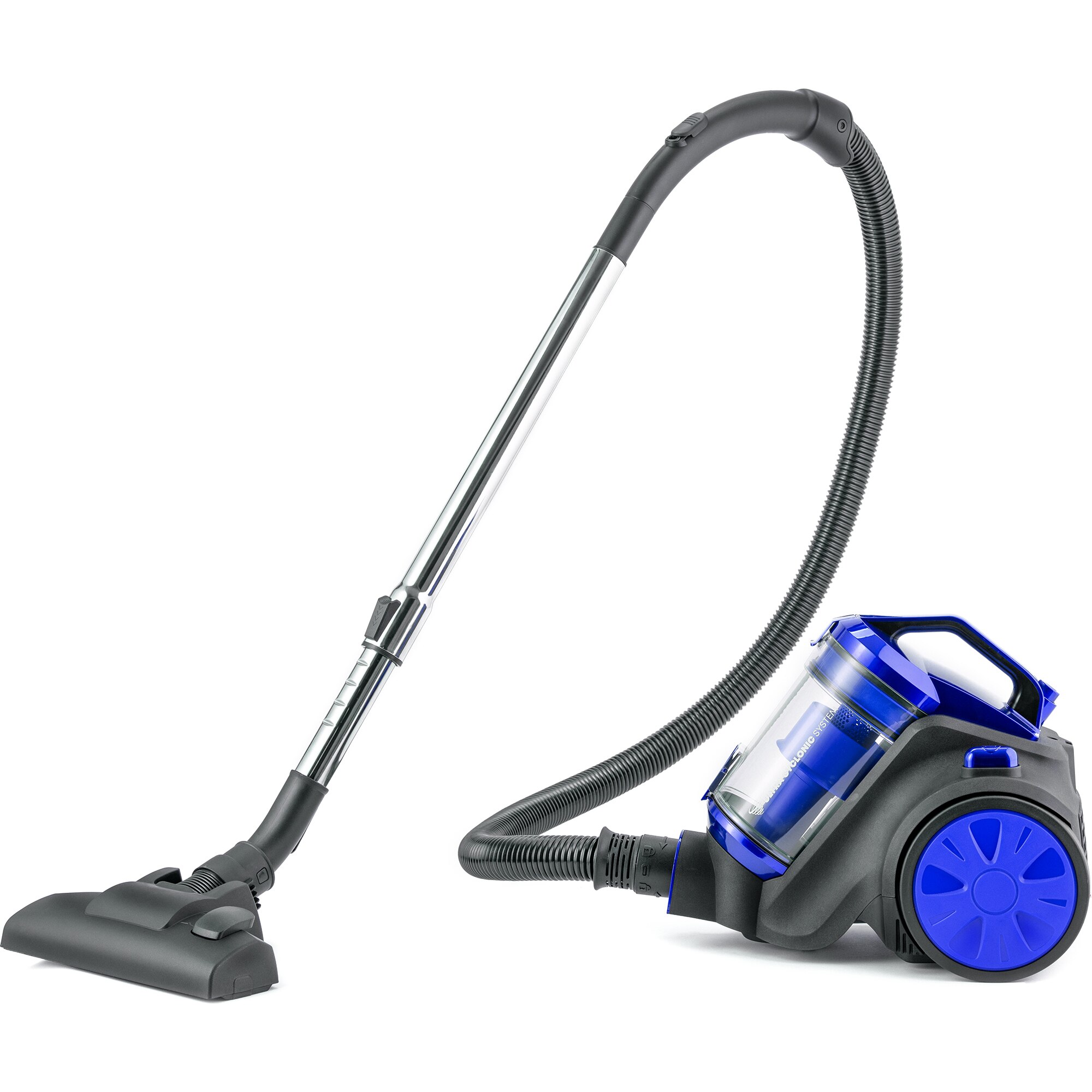 Daewoo RCC-120B-1 bagless vacuum cleaner, 800 W power, 1.5 liter dust container, metal telescopic tube, 140 W suction power, cyclonic suction, standard brush + 2 small brushes, cable length 5 meters, blue