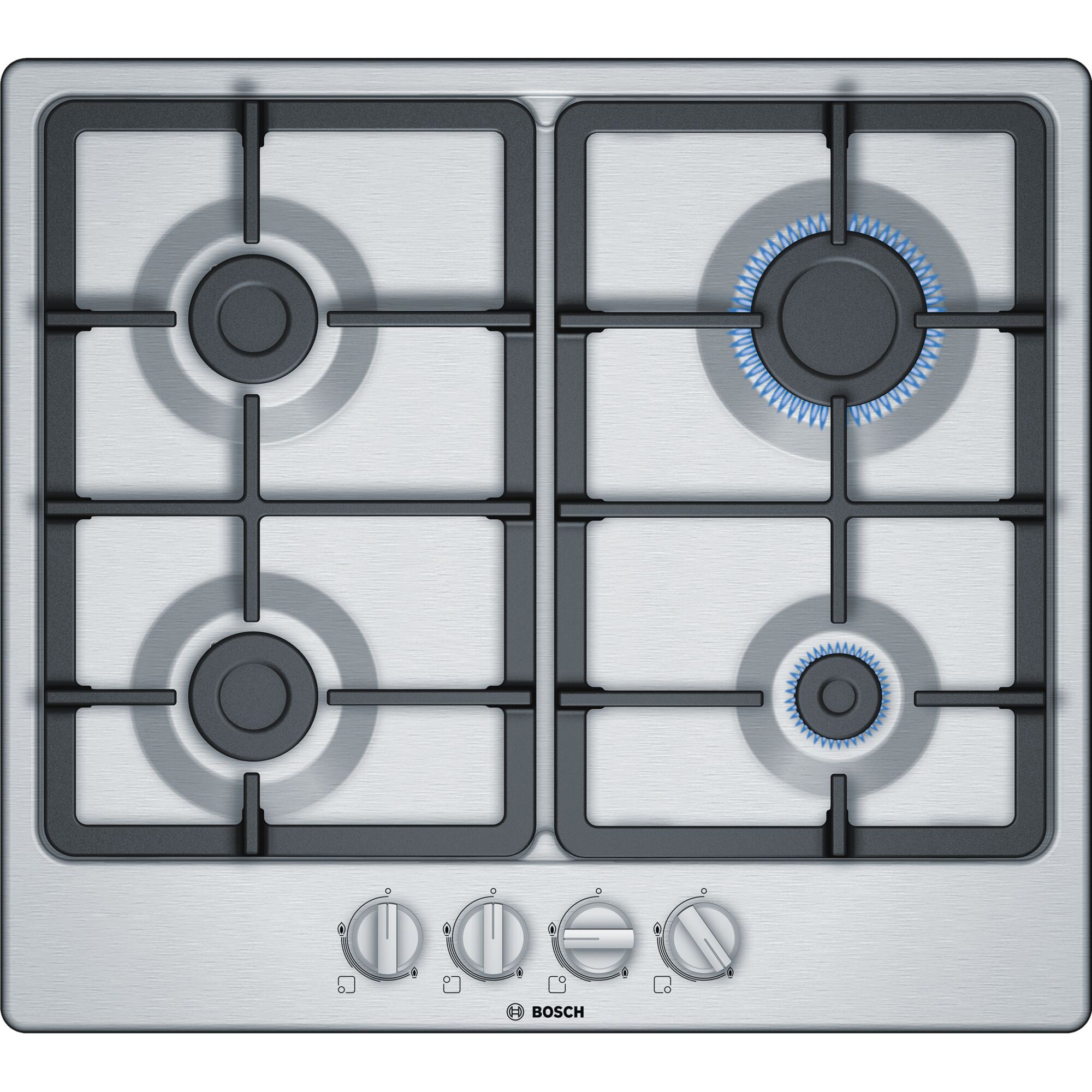 Bosch PGP6B5B90 Built-in Hob, Gas, 4 Burners, Electric Ignition, Cast Iron Grills, Burner Safety, Stainless Steel