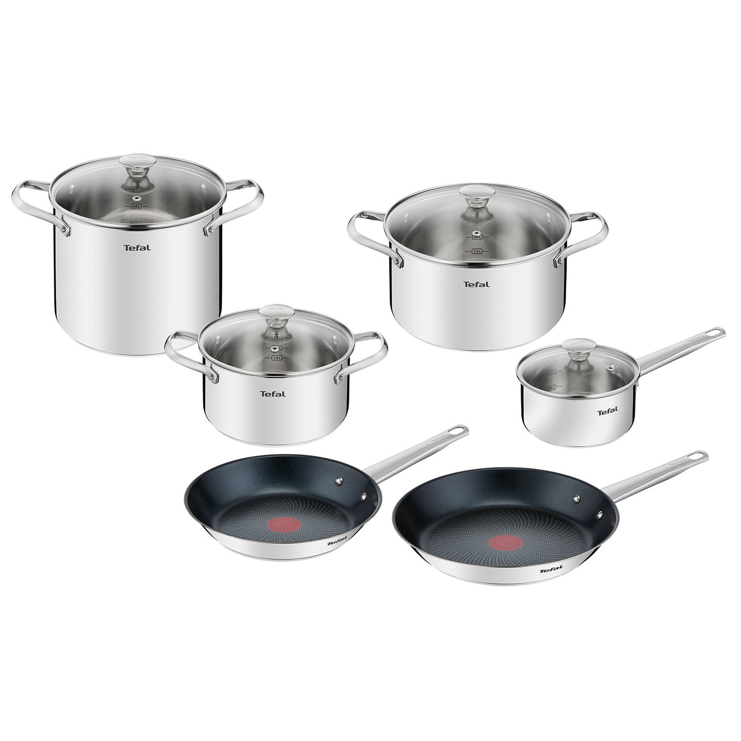 Tefal Cook Eat 10-piece set, induction, saucepan/pot 16-24 cm, frying pan 24/28 cm, glass lids, stainless steel.