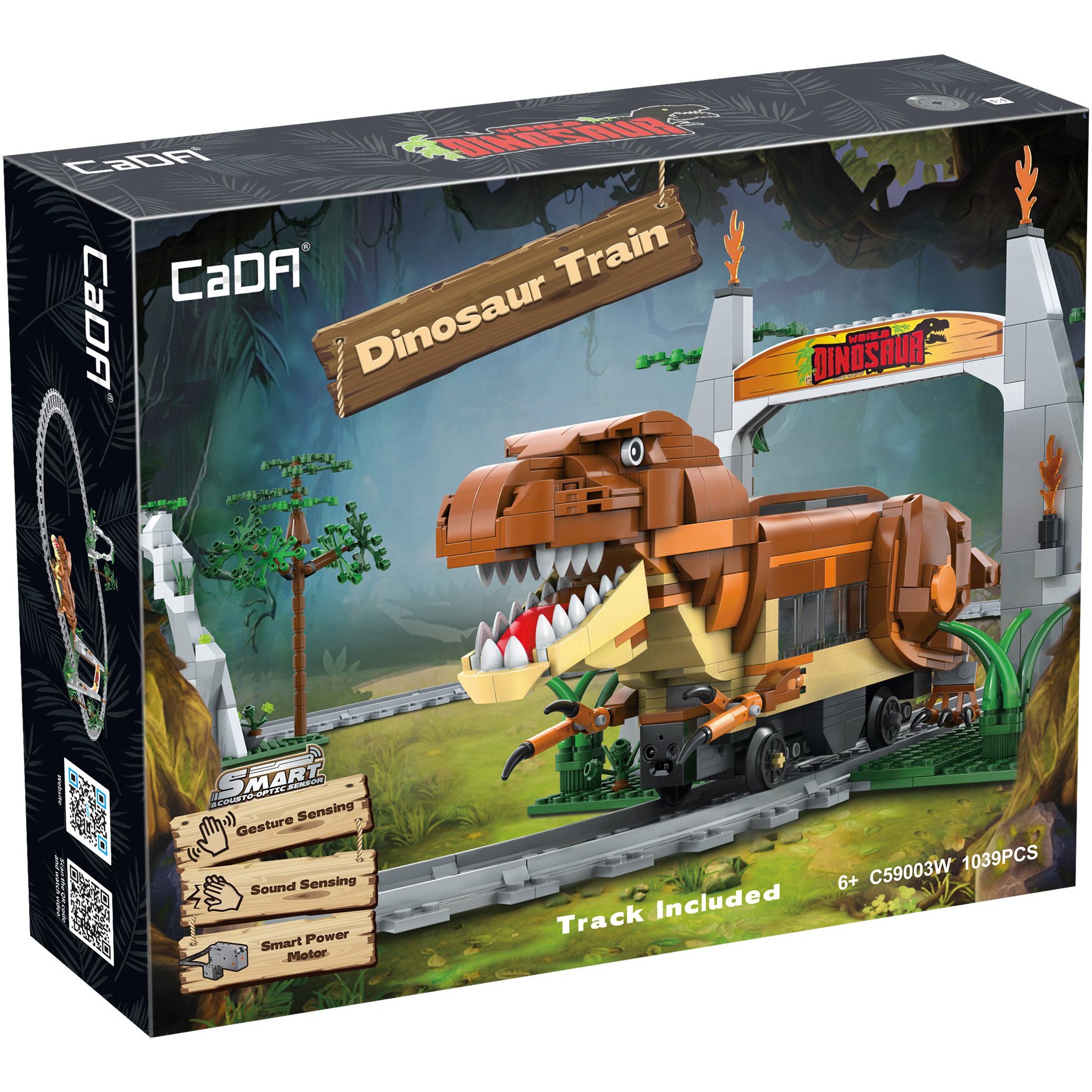 Set constructie CaDa - Circuit tren Dinozaur, cu telecomanda, senzori miscare si sunet, 1039 piese