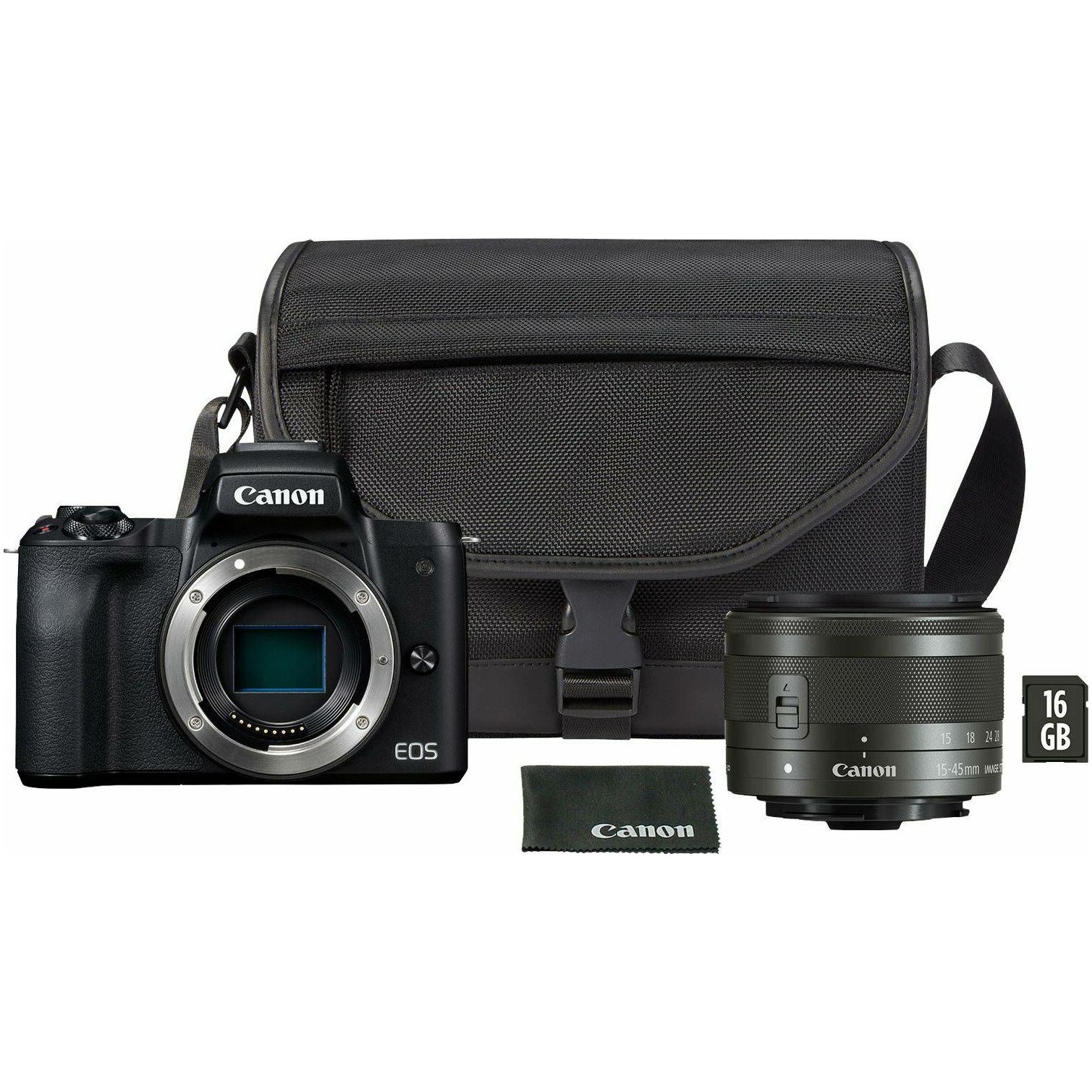 Aparat foto mirrorless Canon EOSM50 Mark II, 241 MP, 4K, WiFi, Negru, + Obiectiv 1545mm + Geanta + Card memorie 16GB