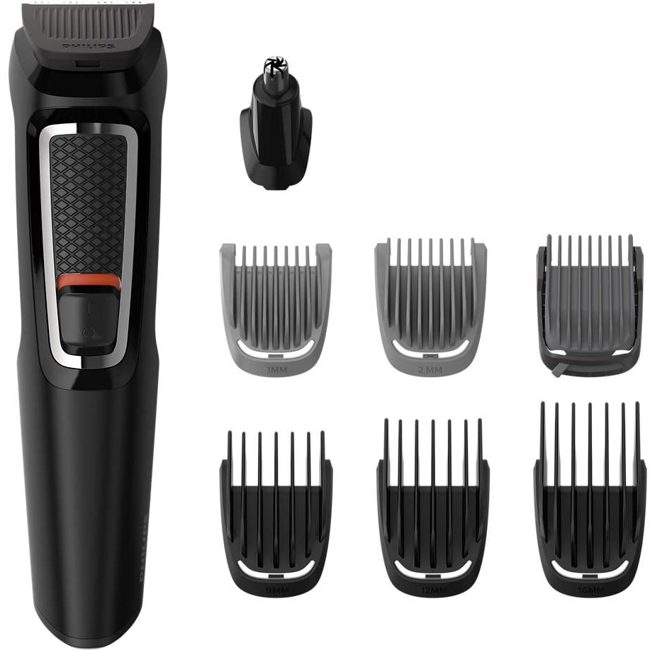 Beard and hair trimmer 8 in 1 Philips Multigroom MG373015, Sharp blades, Battery, 2 unshaven look combs, 1 adjustable beard comb, 3 hair combs, Black