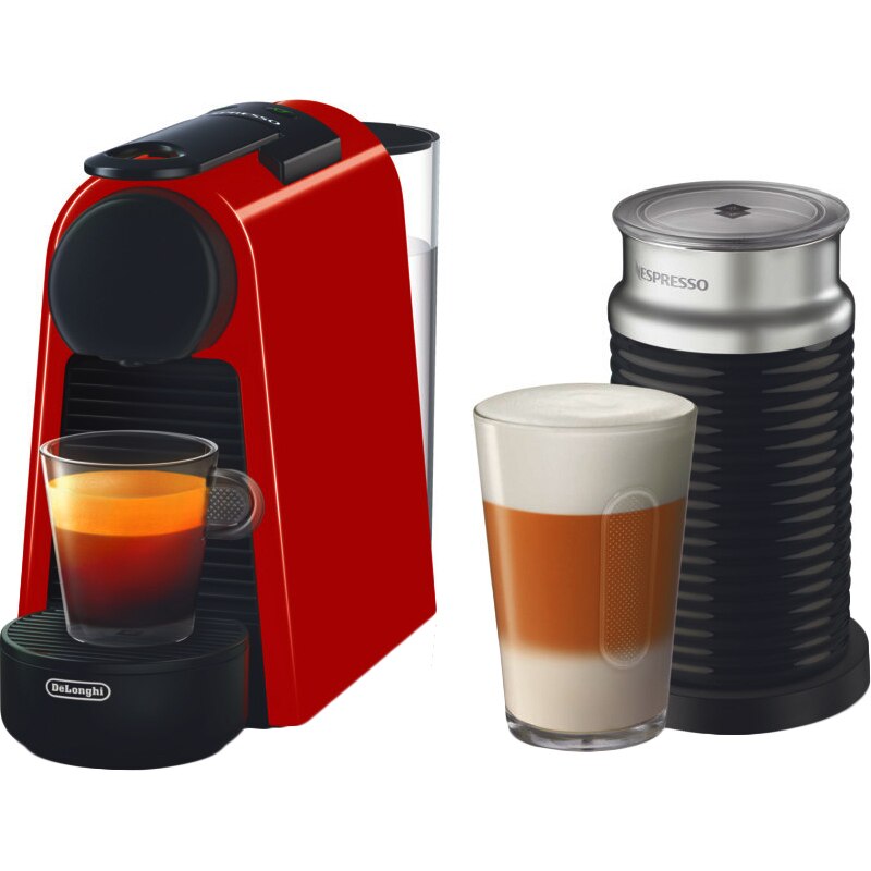 Package Nespresso by De'Longhi Essenza Mini Red Espresso Machine, 19 bar, 1260 W, 0.6 l + AEROCCINO 3 Black 410W milk frother, tasting capsule set included