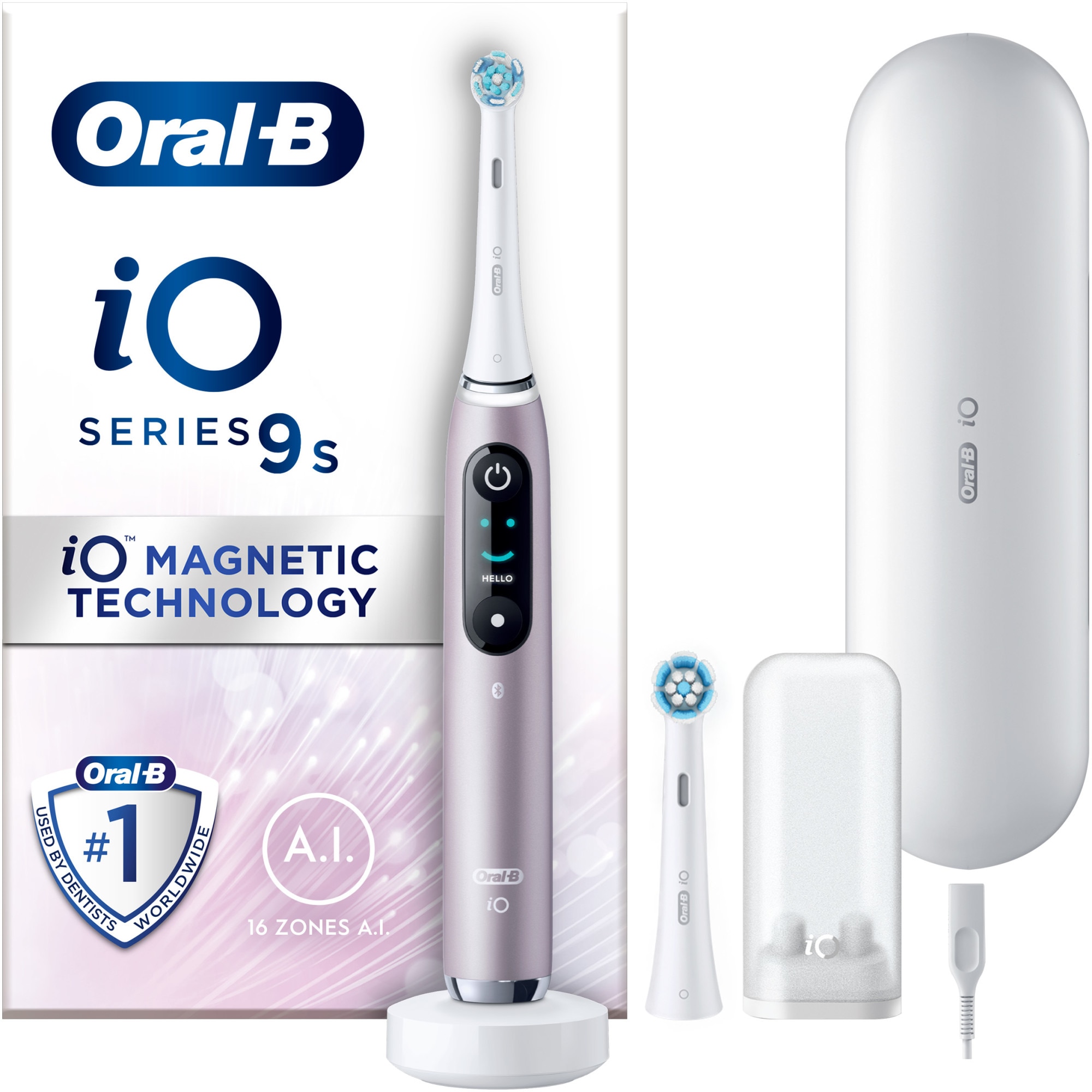 Oral-B iO9 Electric Toothbrush: Magnetic Tech, Micro-Vibrations, AI, LED Display, Smart Sensor, 7 Modes, Rose Quartz