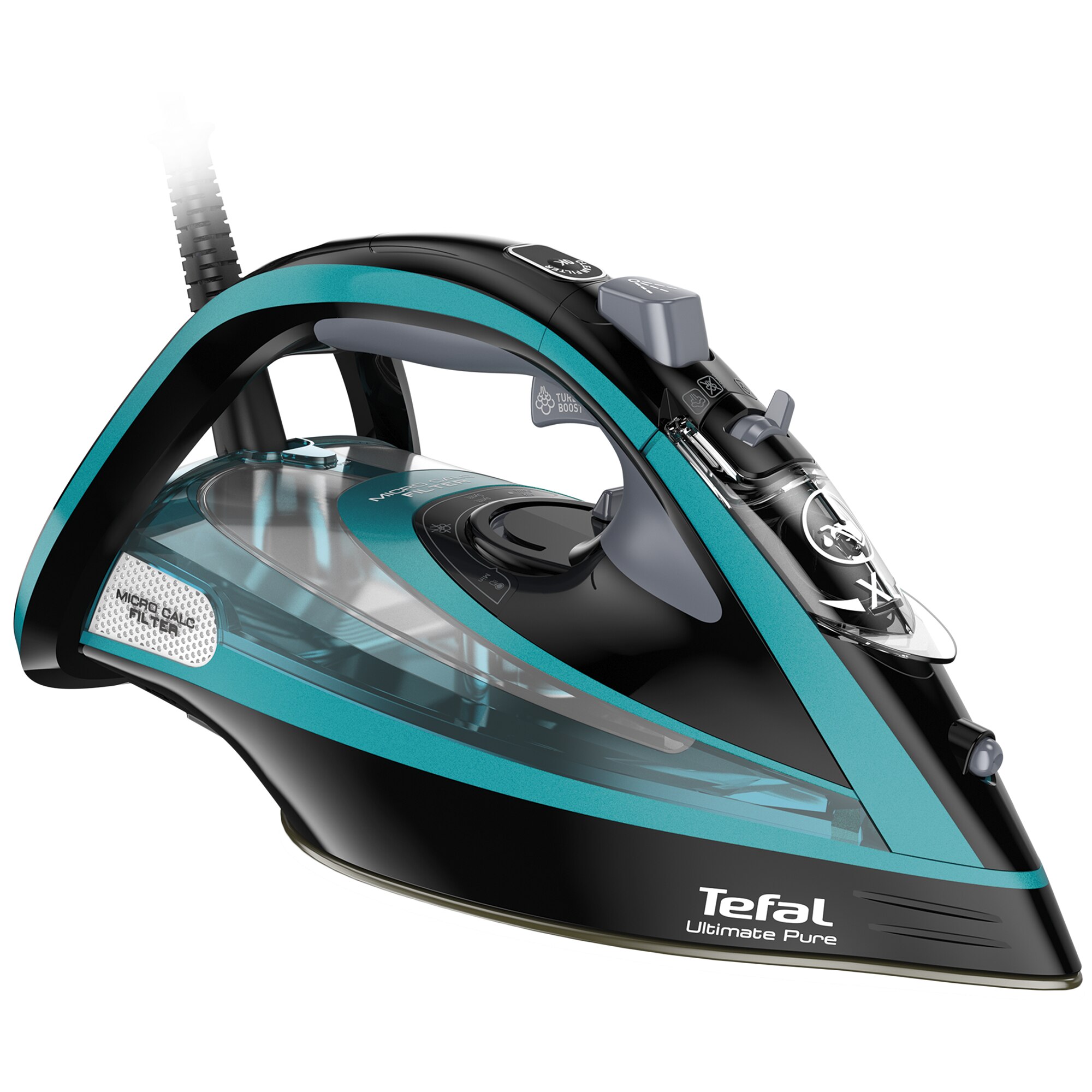 Iron Tefal FV9844E0 Ultimate Pure, 3200 W, Durilium AirGlide Autoclean soleplate, steam jet 250grmin, MicroCalc Filter 2in1, Black Blue