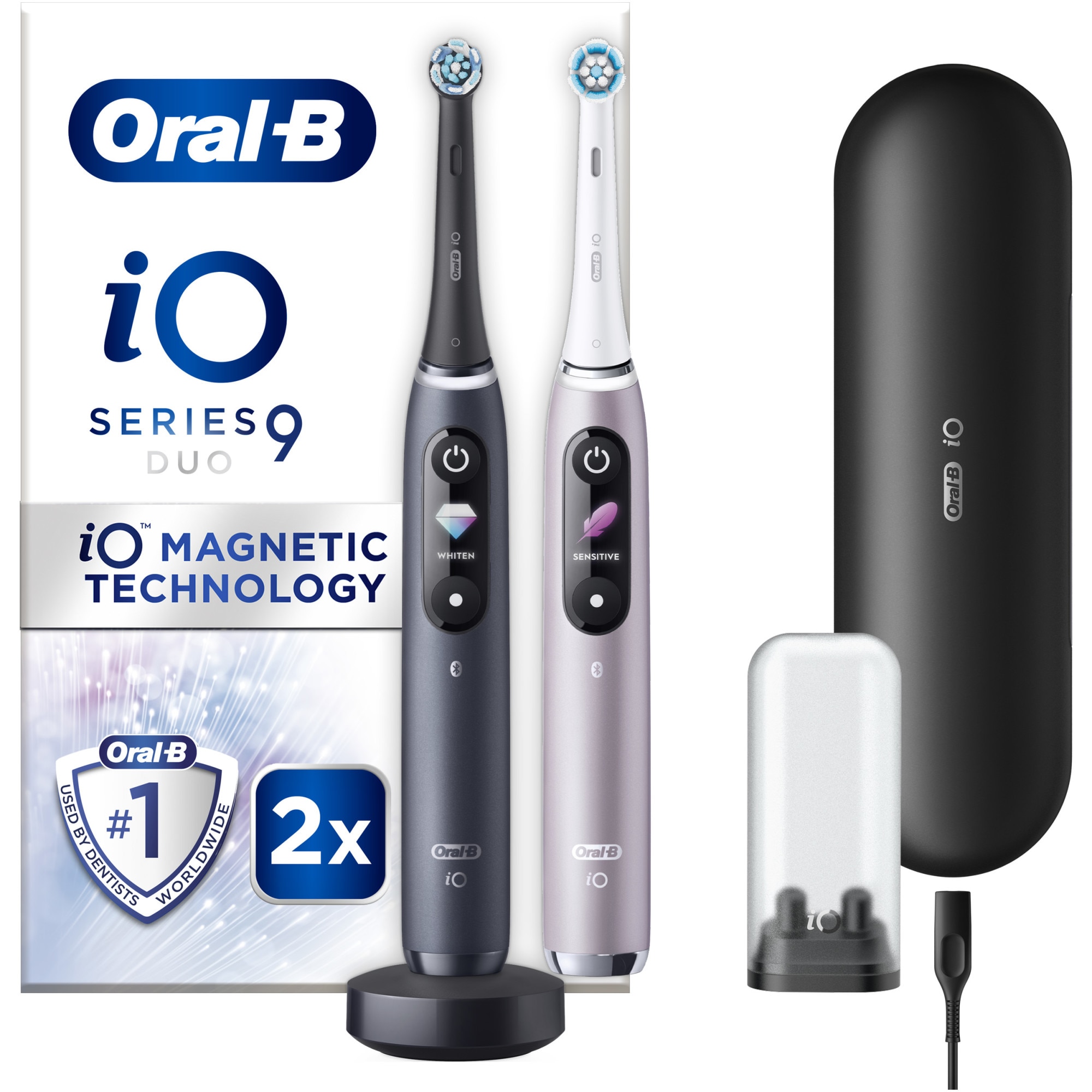 Set of 2 Oral-B iO9 Electric Toothbrushes with Magnetic Tech, AI, LED Display, Smart Sensor, 7 Modes, Charger, and Travel Kit, Black/Pink