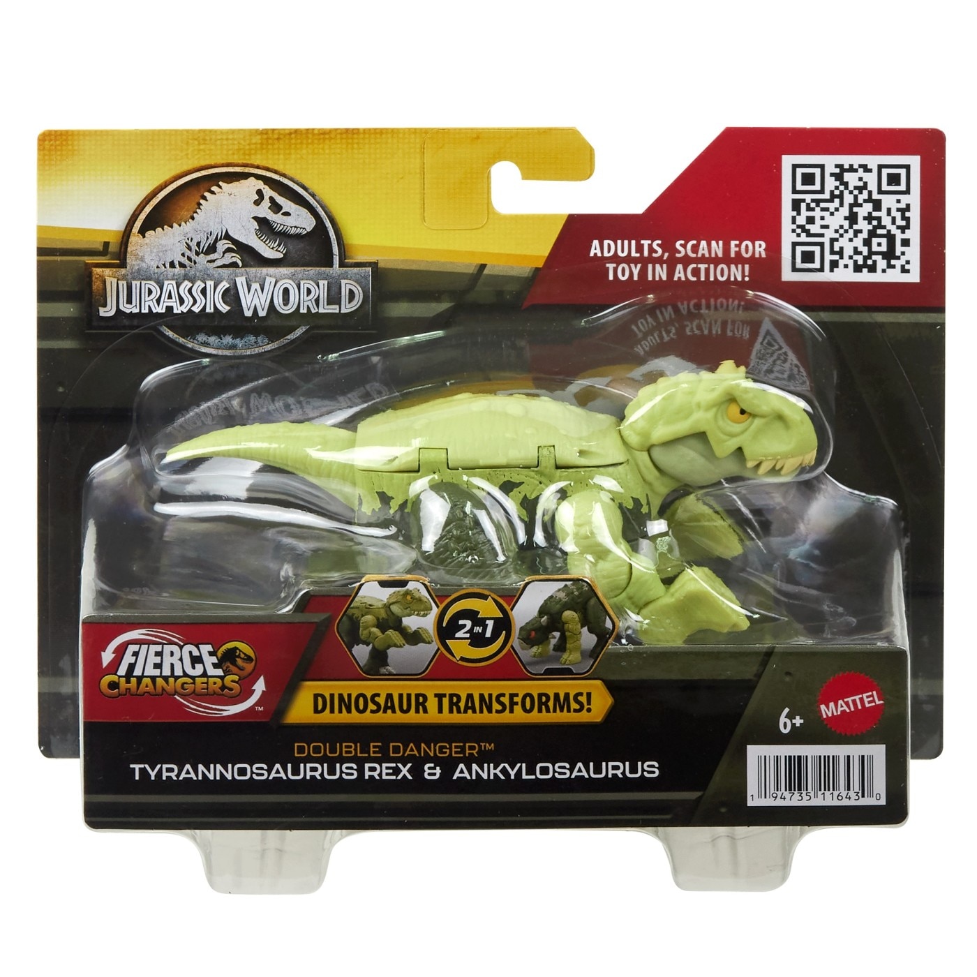 Figurina 2 in 1 Jurassic World Fierce Changers - Double Danger, Tyrannosaurus Rex si Ankylosaurus, verde
