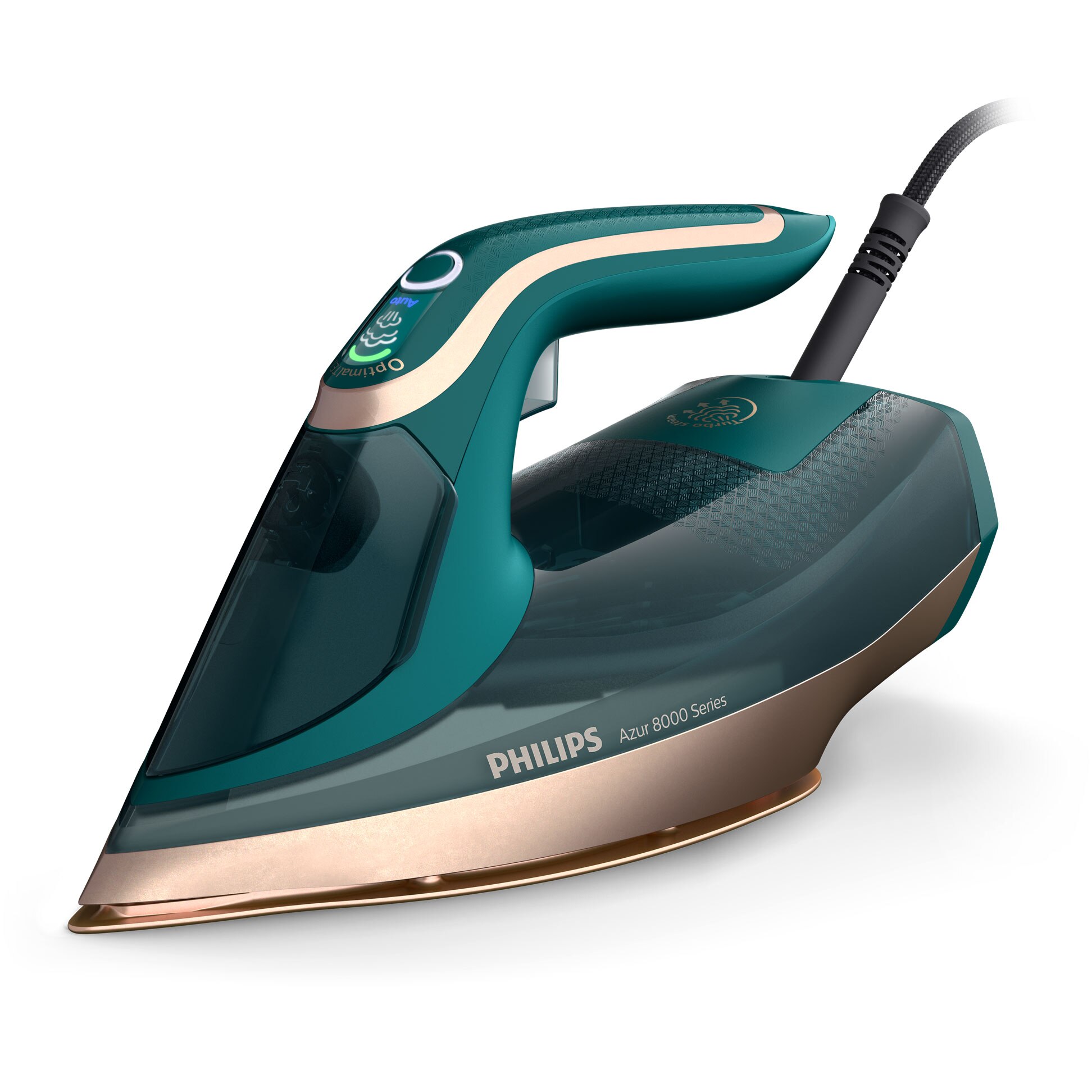 Iron Philips DST803070 Seria8000, 3000W, OptimalTemp, Steamglide Elite and DinamiQ soleplate, Turbosteam Steam pump 70 gmin, steam jet 240 g, tank capacity 350ml, Quick Calc Release descaling, automatic stop, anti-drip system, Turquoise