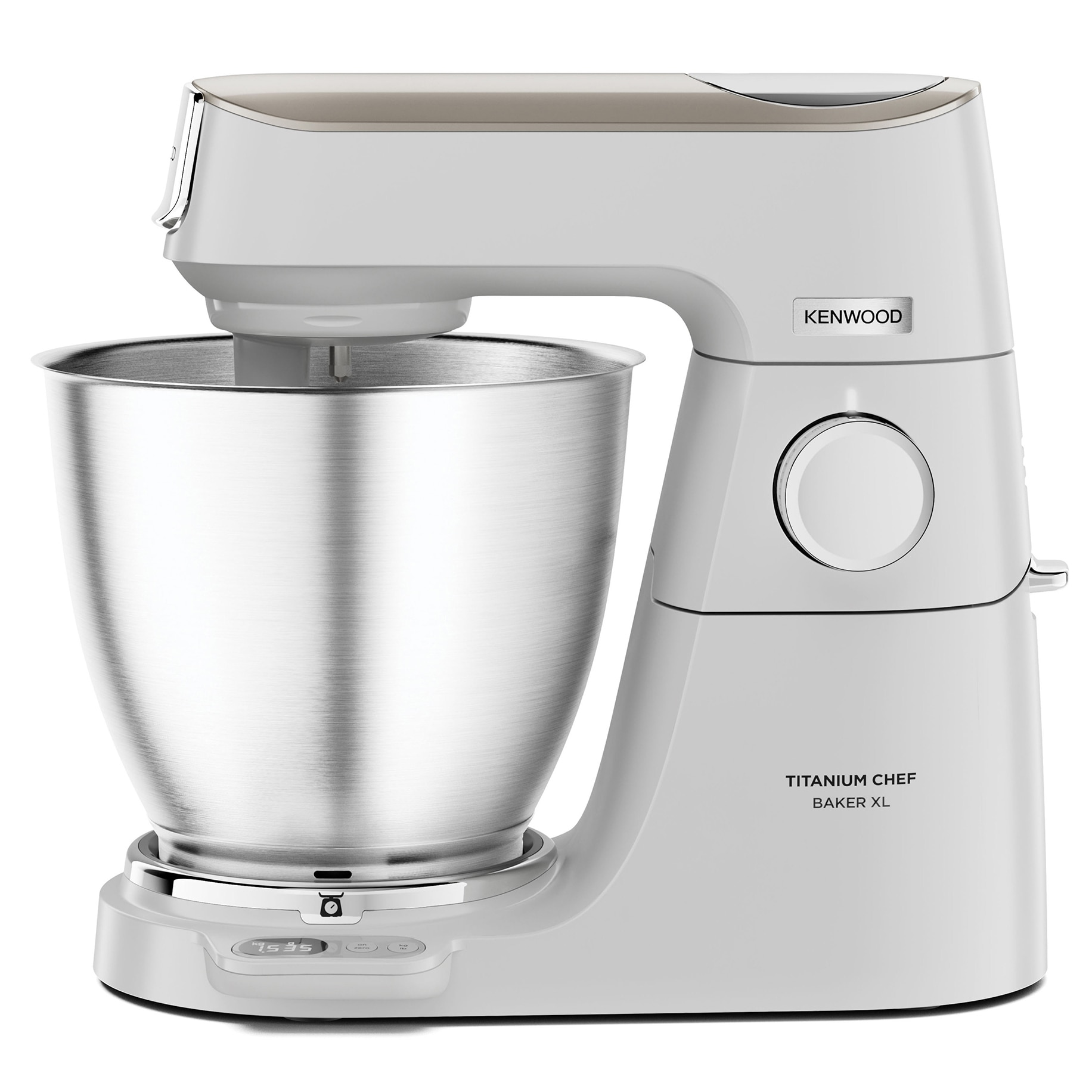 Robot de bucatarie KENWOOD Titanium Chef Baker XL KVL65.001WH, 1200 W, vas 7 l, 10 trepte viteza, cantar integrat, ecran LCD, 3 accesorii patiserie, alb