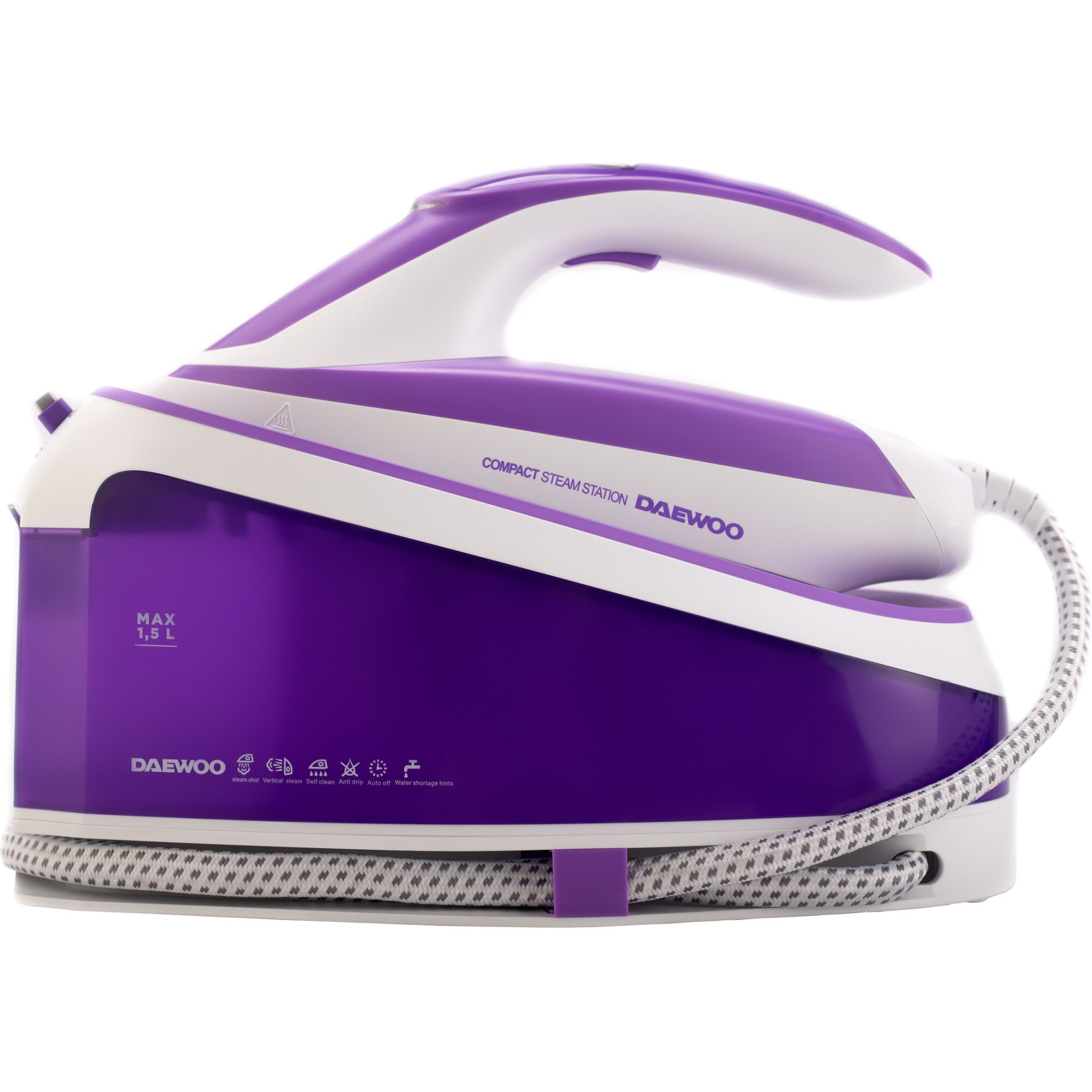 Daewoo DSS250 steam ironing station, 2400W, 1.5 l, 4 bar, steam 150 gr/min, vertical steam, self-cleaning, Eco mode, automatic shut-off, white/purple