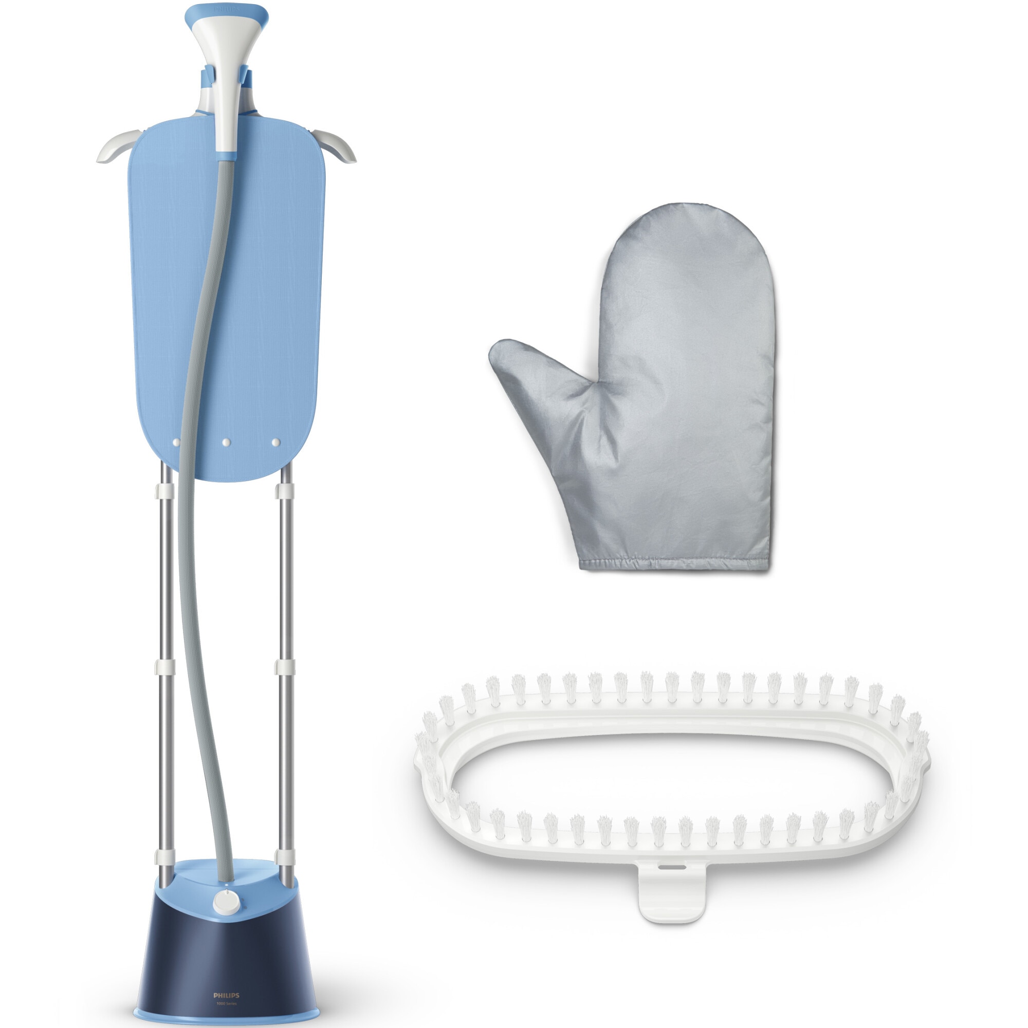 Philips STE1030/20 vertical steam iron with foot, (2 support posts) height adjustable, 1800W (240V), 1.8L tank capacity, 3 steam settings, StyleMat, glove, brush, integrated hanger, blue