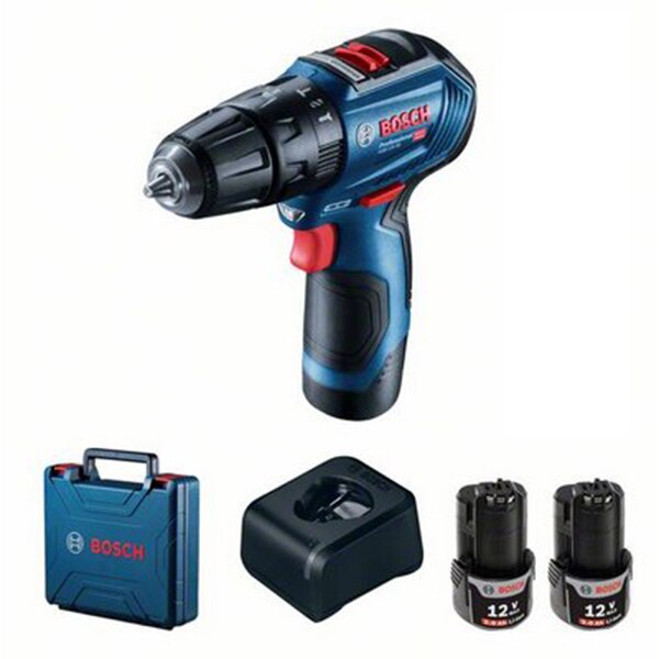 Bosch Professional GSB 12V-30 Impact Drill, 12 V, 1600 RPM, 24,000 PPM, 2 batteries, quick charger, professional case