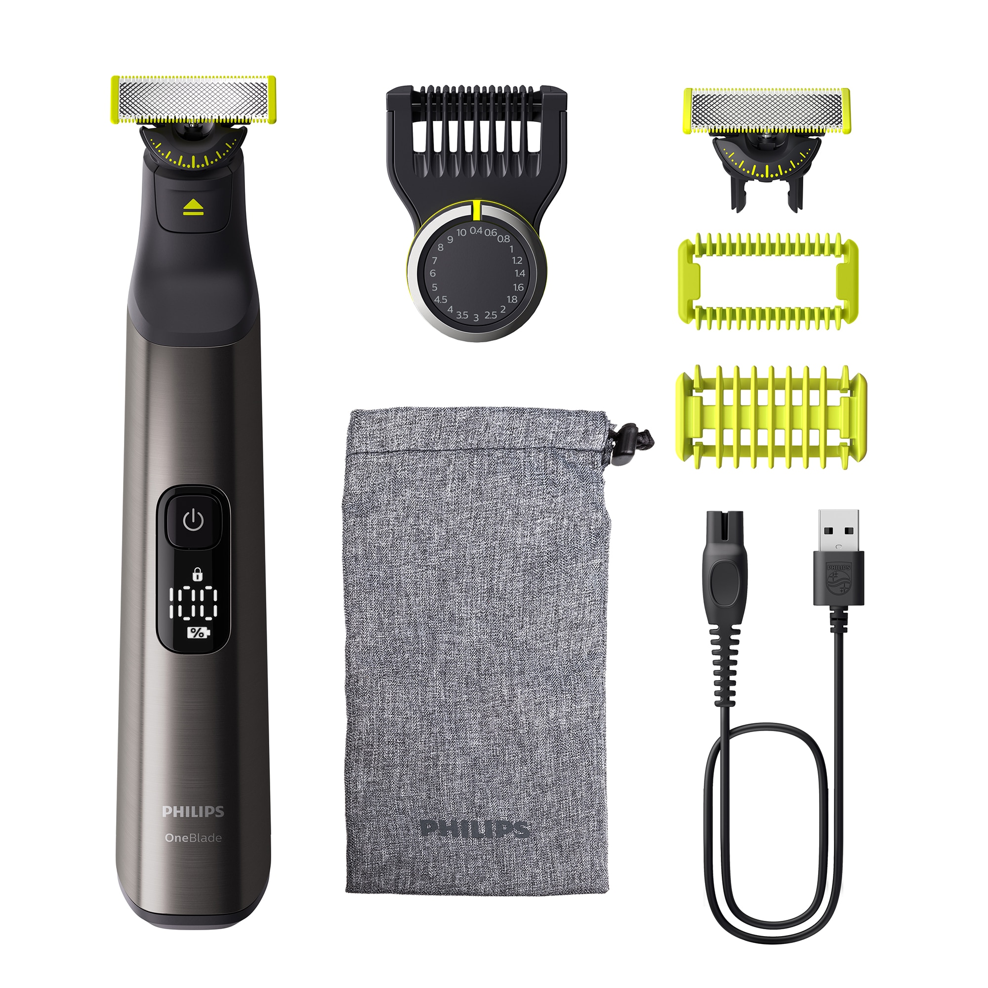 Philips OneBlade Pro QP6552/30 hybrid shaver/trimmer, 2 blades, 20-length comb, 120 min Li-ion battery, USB-A cable.