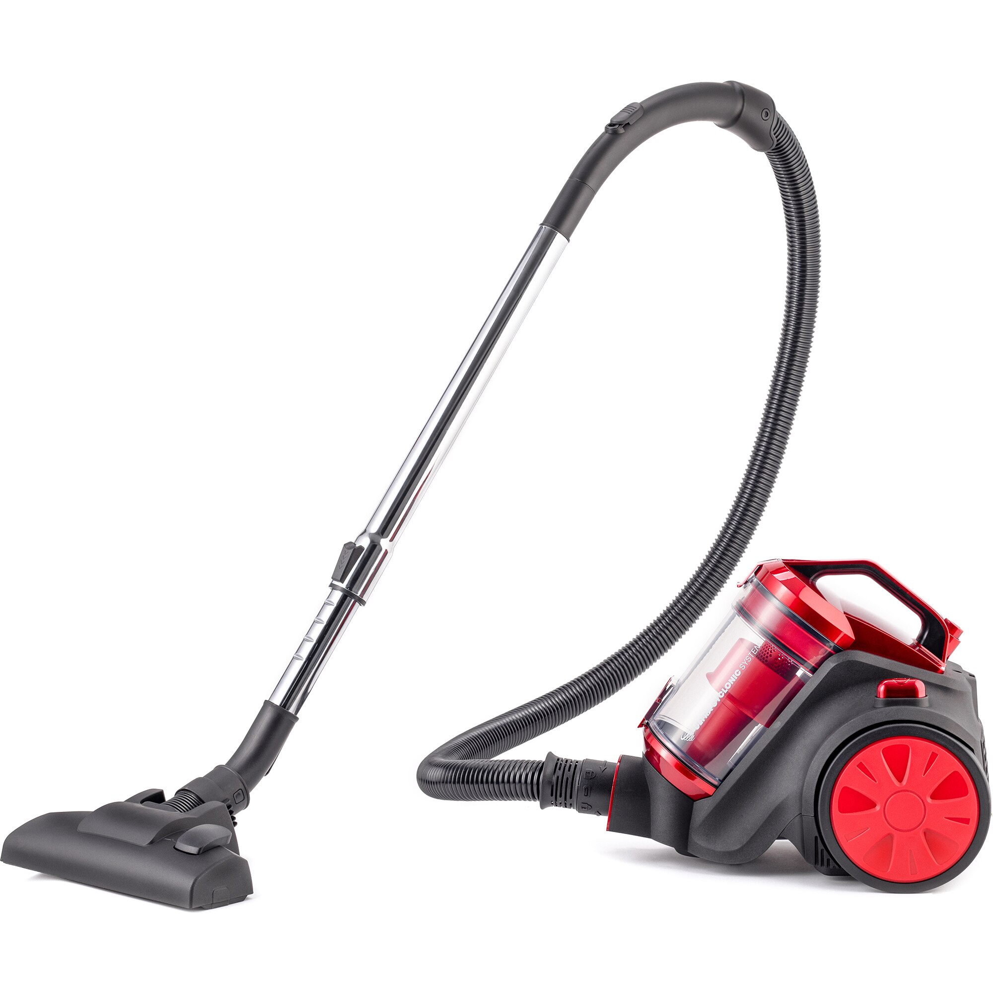 Daewoo bagless vacuum cleaner RCC-120R, power 800 W, 1.5 liter dust container, metal telescopic tube, suction power 140 W, cyclonic suction, standard brush + 2 small brushes, cable length 5 meters, Red