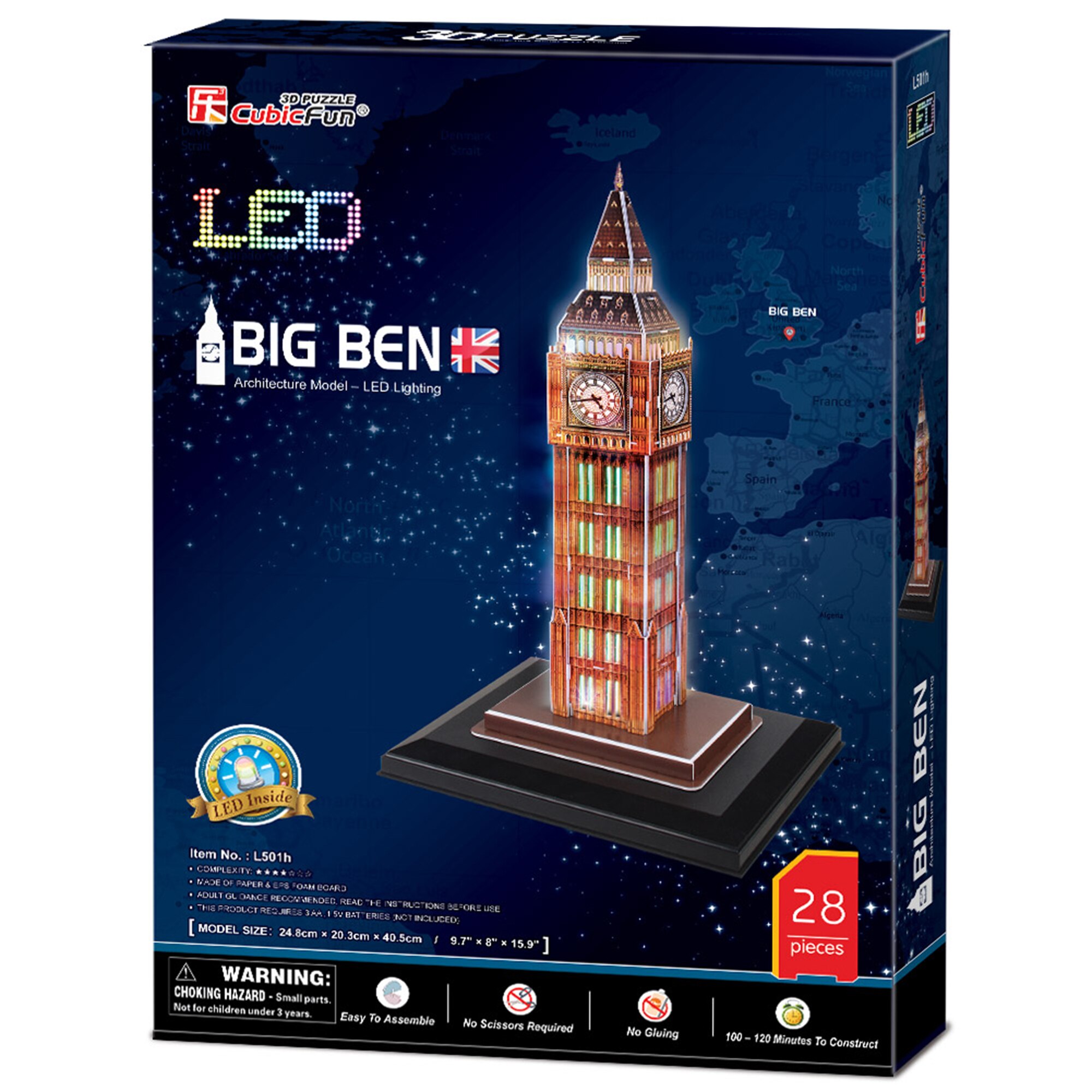 Puzzle 3D Cubic Fun LED - Big Ben, 28 piese