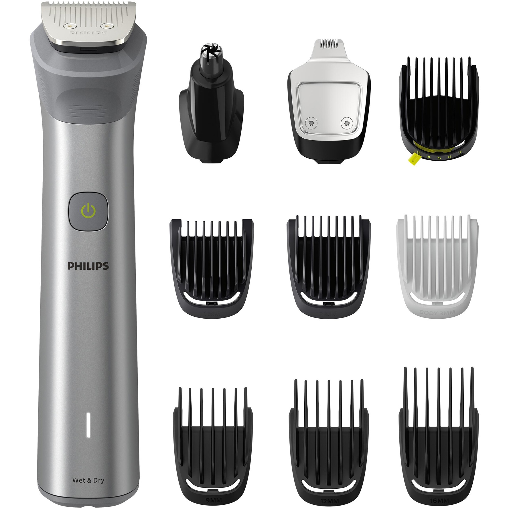 Beard and hair trimmer 10 in 1 Philips Multigroom All in One MG592015, BeardSense technology, self-sharpening steel blades, 11 length settings, waterproof, case, Black Silver