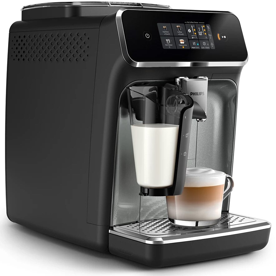 Philips 2300 series automatic espresso machine EP2339/40, 1500W, 15 bar pressure, LatteGO milk solution, 4 types of drinks, 3 aroma intensity levels, 2 cup capacity, AquaClean filter, ground coffee option, black