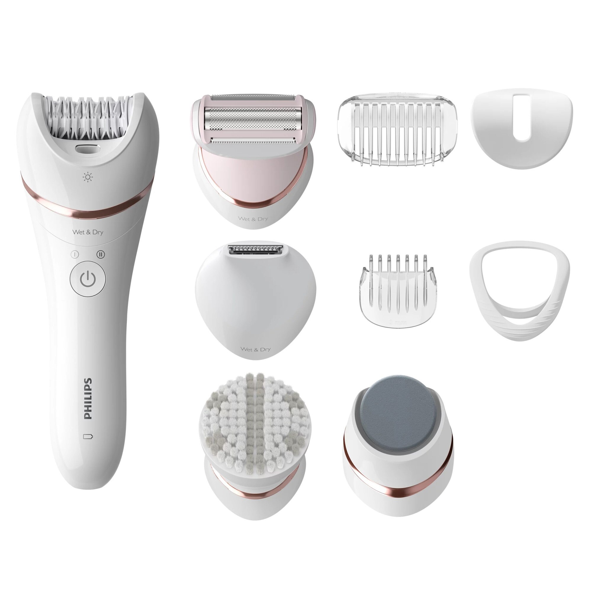 Wet and dry epilator Philips BRE74010, 9 accessories, 32 tweezers, wireless use, 2 speed settings, optilight, ceramic discs, White