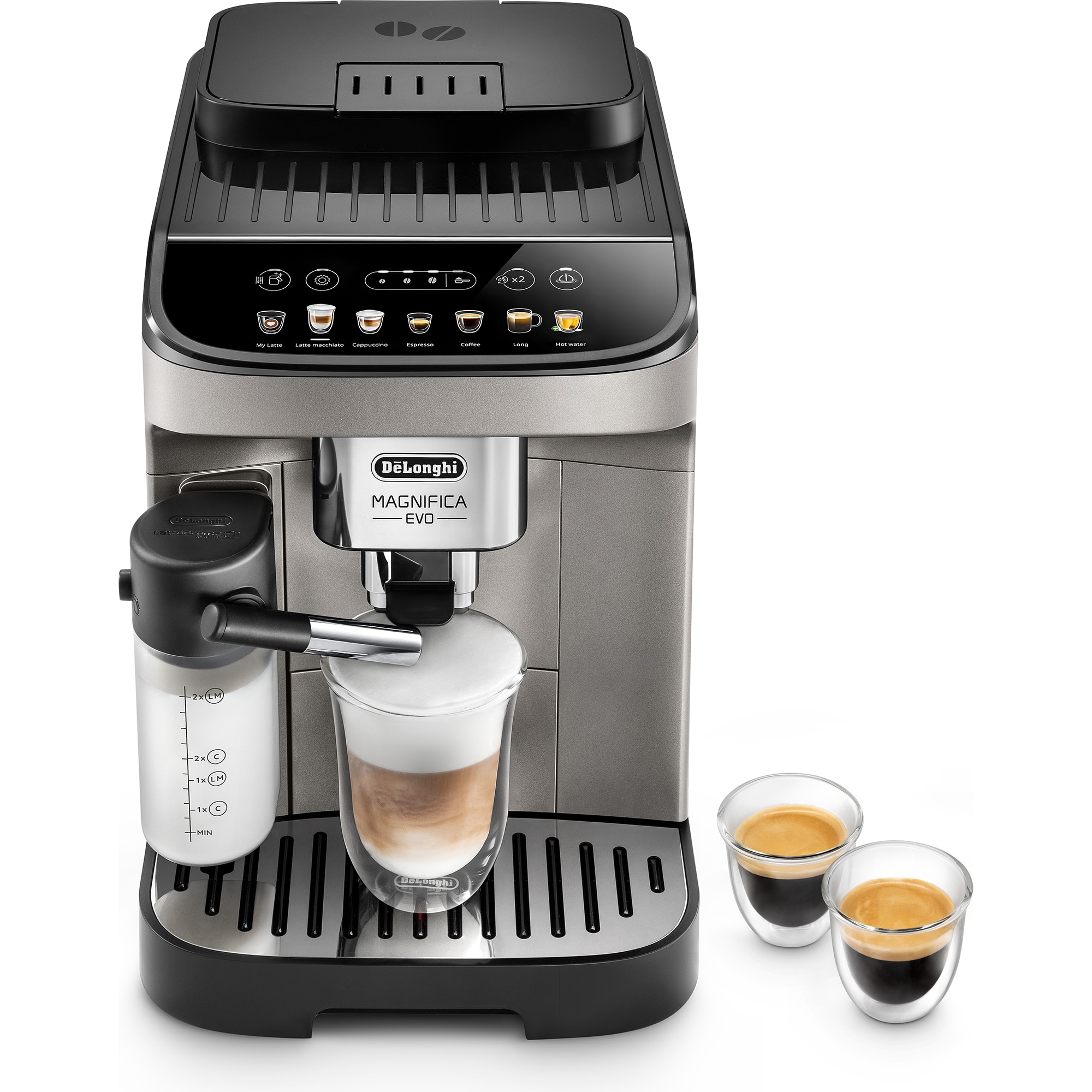 Espressor automat De'Longhi Magnifica Evo ECAM 290.81.TB, 1450W, 8 tipuri de bauturi, 15 bari, Carafa pentru lapte, Sistem LatteCrema, Rasnita cu 13 setari, Negru argintiu