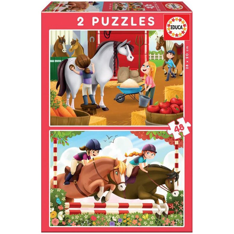 Puzzle 2 in 1 Educa - Horse grooming, 2x48 piese