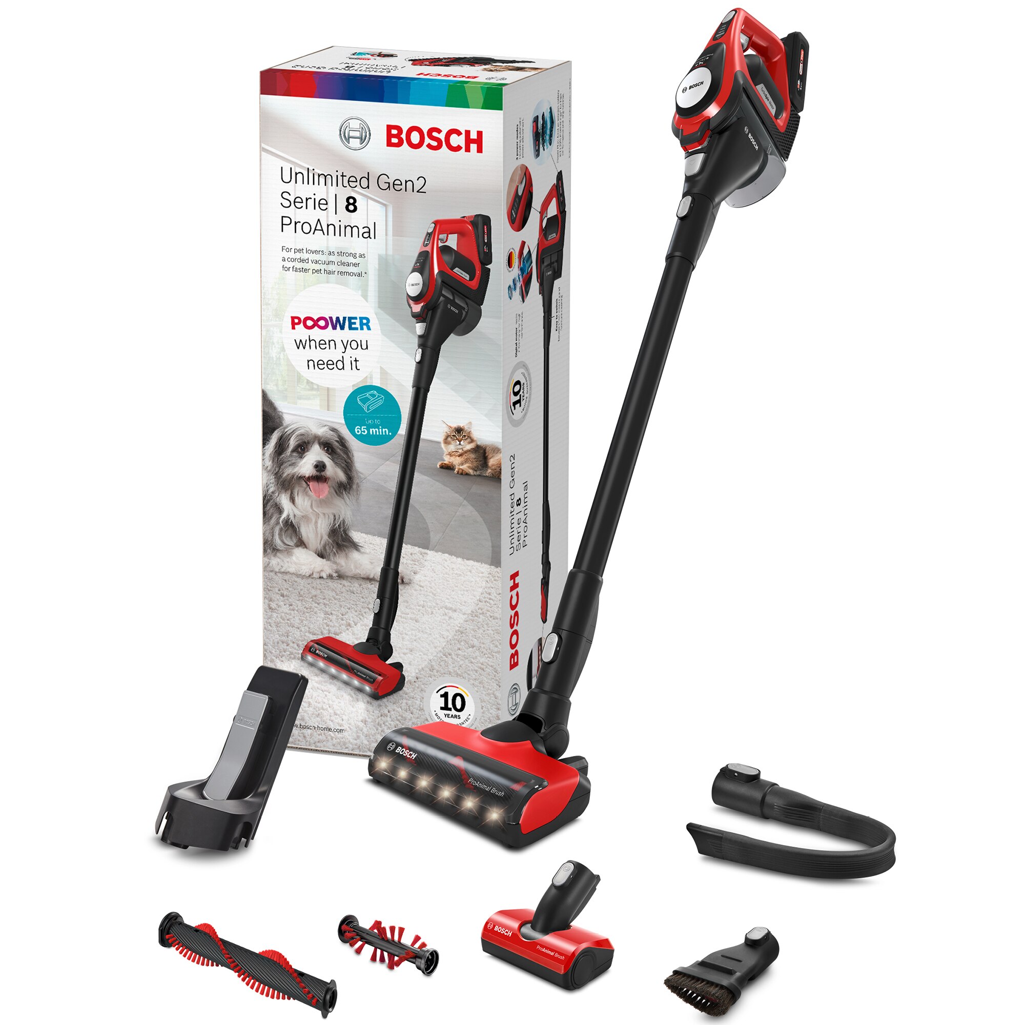 Aspirator Bosch Unlimited Serie 8 BBS8214PET, 18V, 65 min, Pro Power, Mini Perie Animal, Negru Rosu