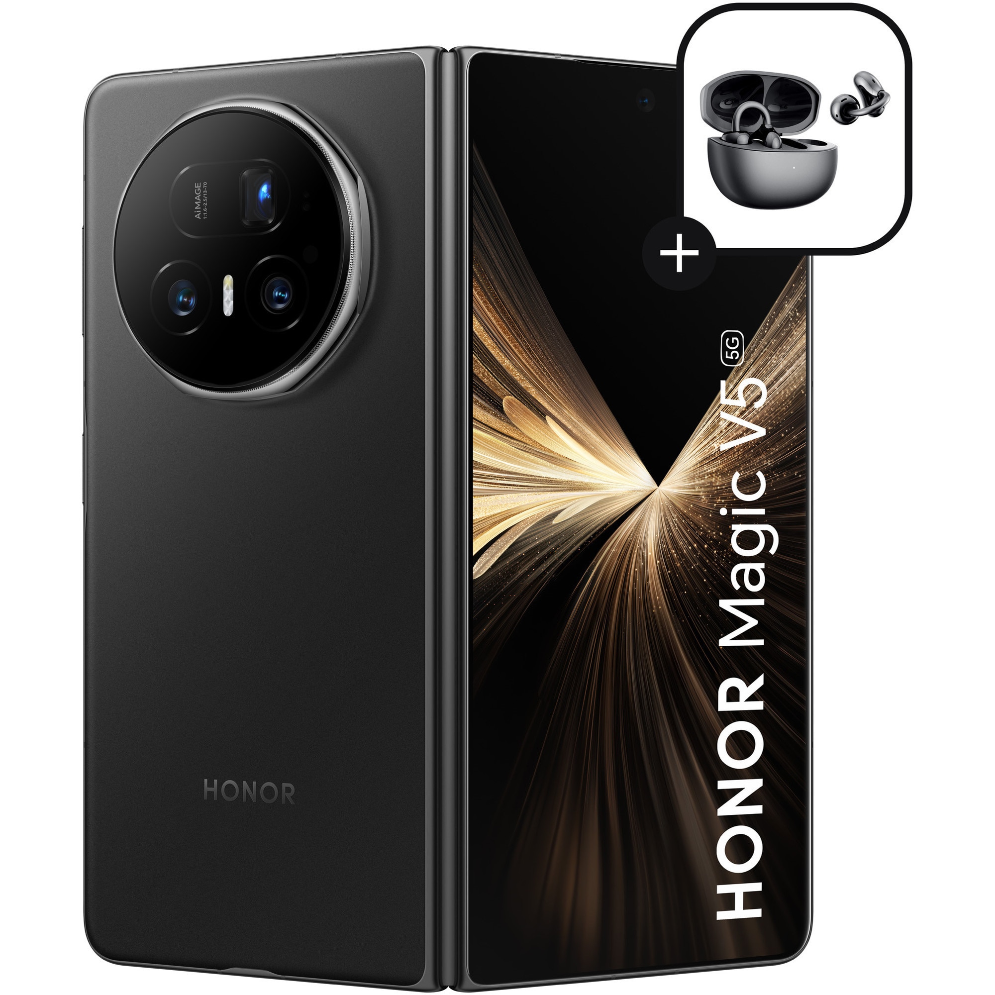 Mobile phone HONOR Magic V5, Dual SIM, 12GB, 512GB, 5G, Black + Headphones HONOR Choice Earbuds Clip Black