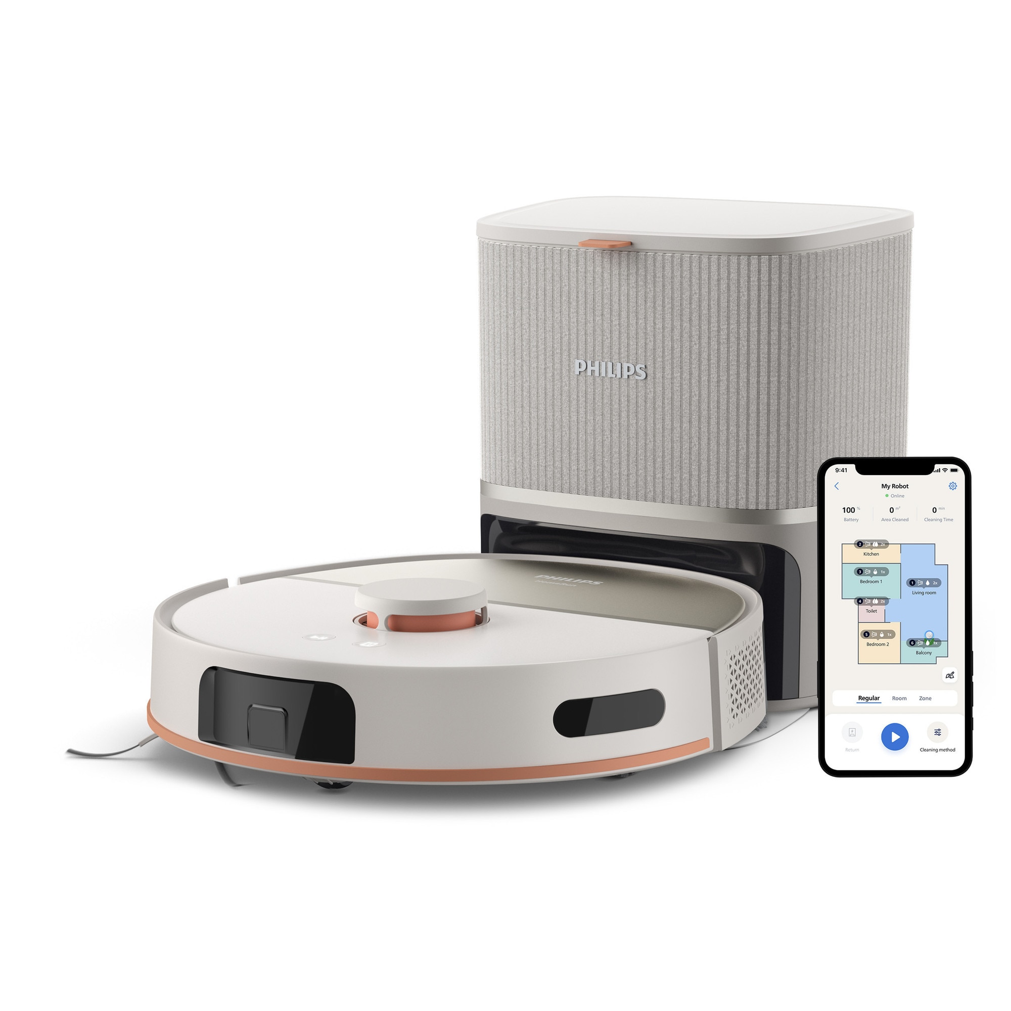 Philips XU5100/20 robot vacuum and mop, emptying station, LDS navigation, rotating mop, 10,000 Pa, white and beige.