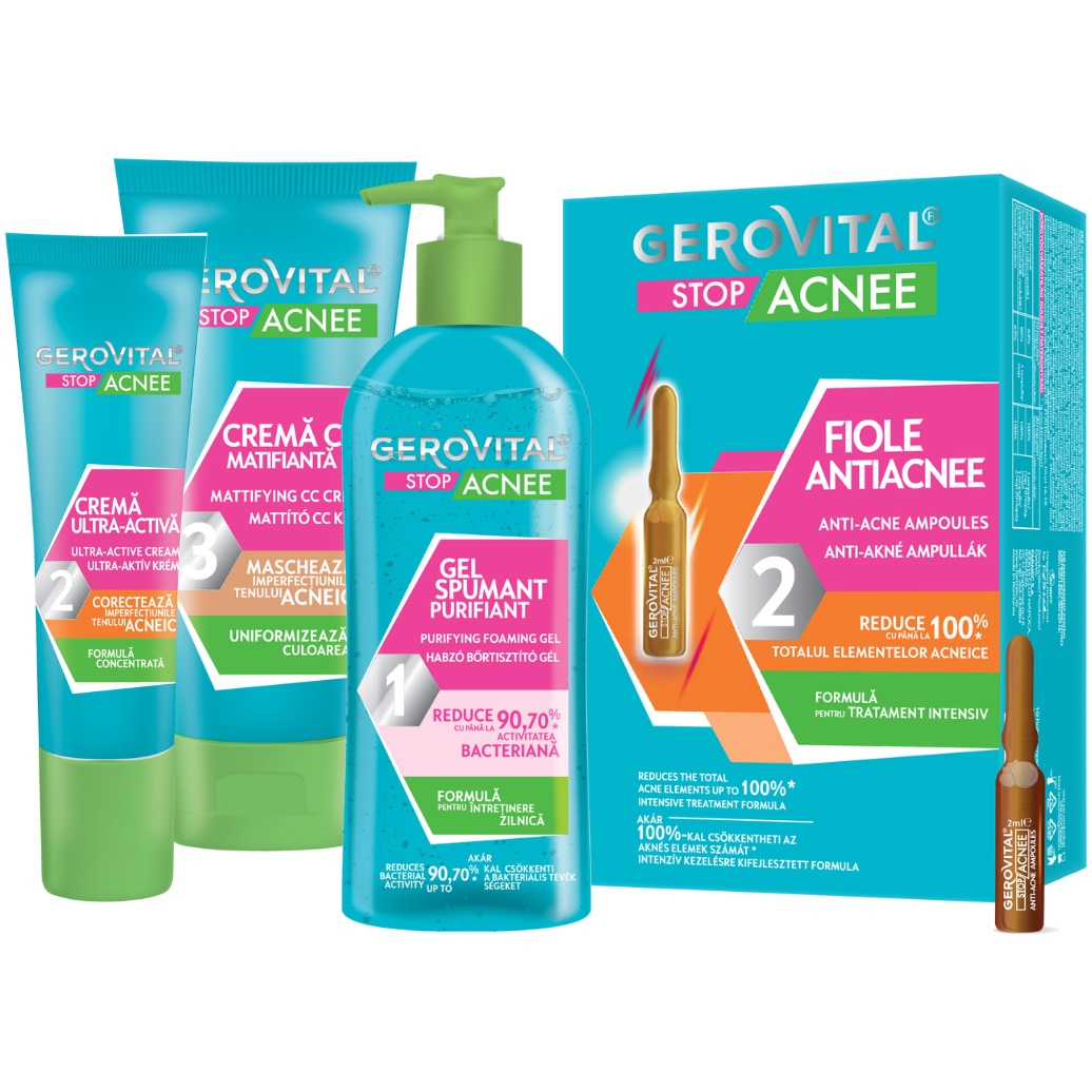 Gerovital Stop Acne Gift Pack: Anti-acne ampoules, 10 ampoules x 2 ml + Purifying Foaming Gel, 150 ml + Ultra-Active Cream, 15 ml + Mattifying CC Cream, 30 ml