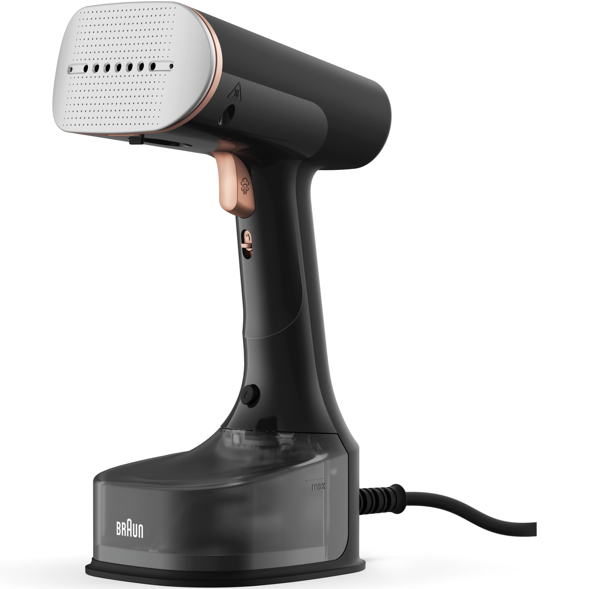 Braun S7077BK 0X13810102 vertical steam iron, 1600W, variable steam 35 g/min, removable tank 250 ml, ActiClean Easy system, Dual FreeGlide 3D ceramic soleplate, fast heat-up 35 sec, brush for thick fabrics, Black