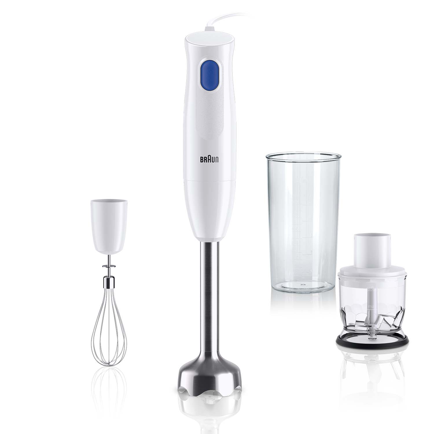 Braun MQ10202M mixer, 450W, 1 speed, 600ml glass, 350ml chopper, steel wire, White Blue