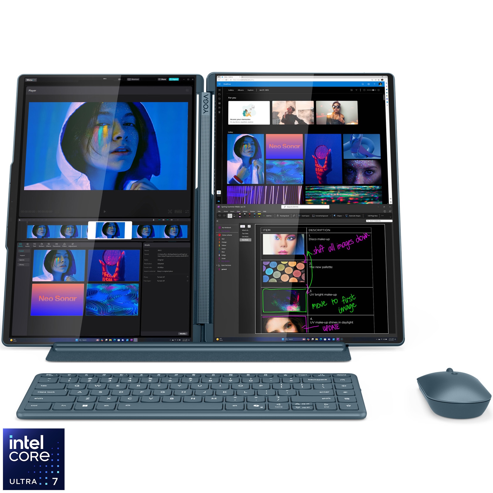 Laptop Lenovo Yoga Book 9 14IAH10 cu procesor Intel® Core™ Ultra 7 255H pana la 5.1GHz, 2x 14" 2.8K WQXGA+, OLED, 120Hz, Touch, 32GB LPDDR5x RAM, 1TB SSD, Intel® Arc™ 140T, Windows® 11 Home, Tidal Teal, 3y on-site Premium Care