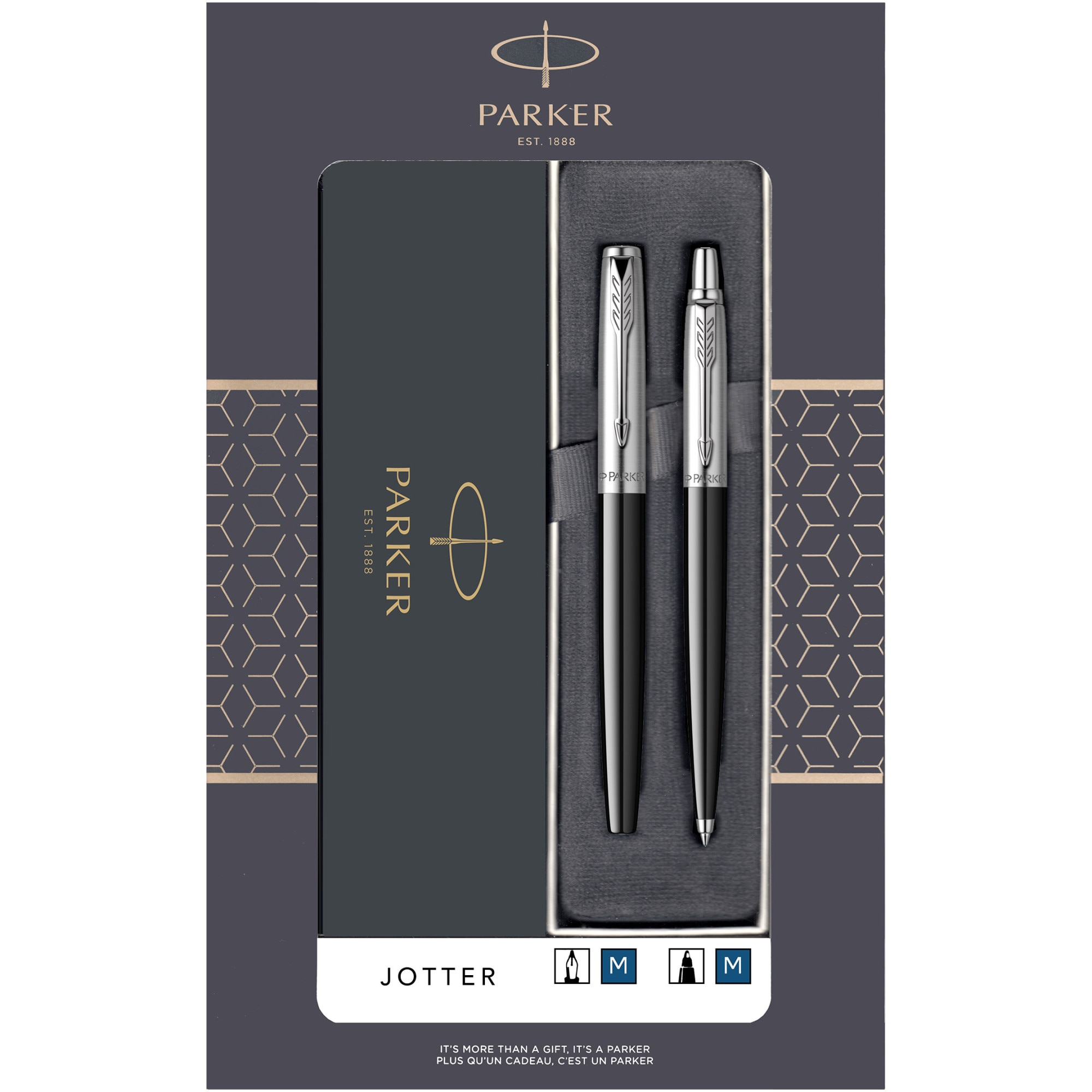 Parker Pen + Jotter standard black ballpoint pen set in gift box with window