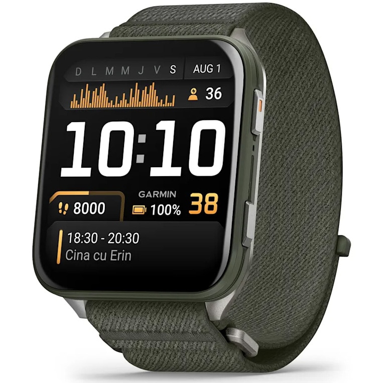 Garmin Venu X1 Smartwatch, moss with silver titanium back, ComfortFit Moss nylon strap